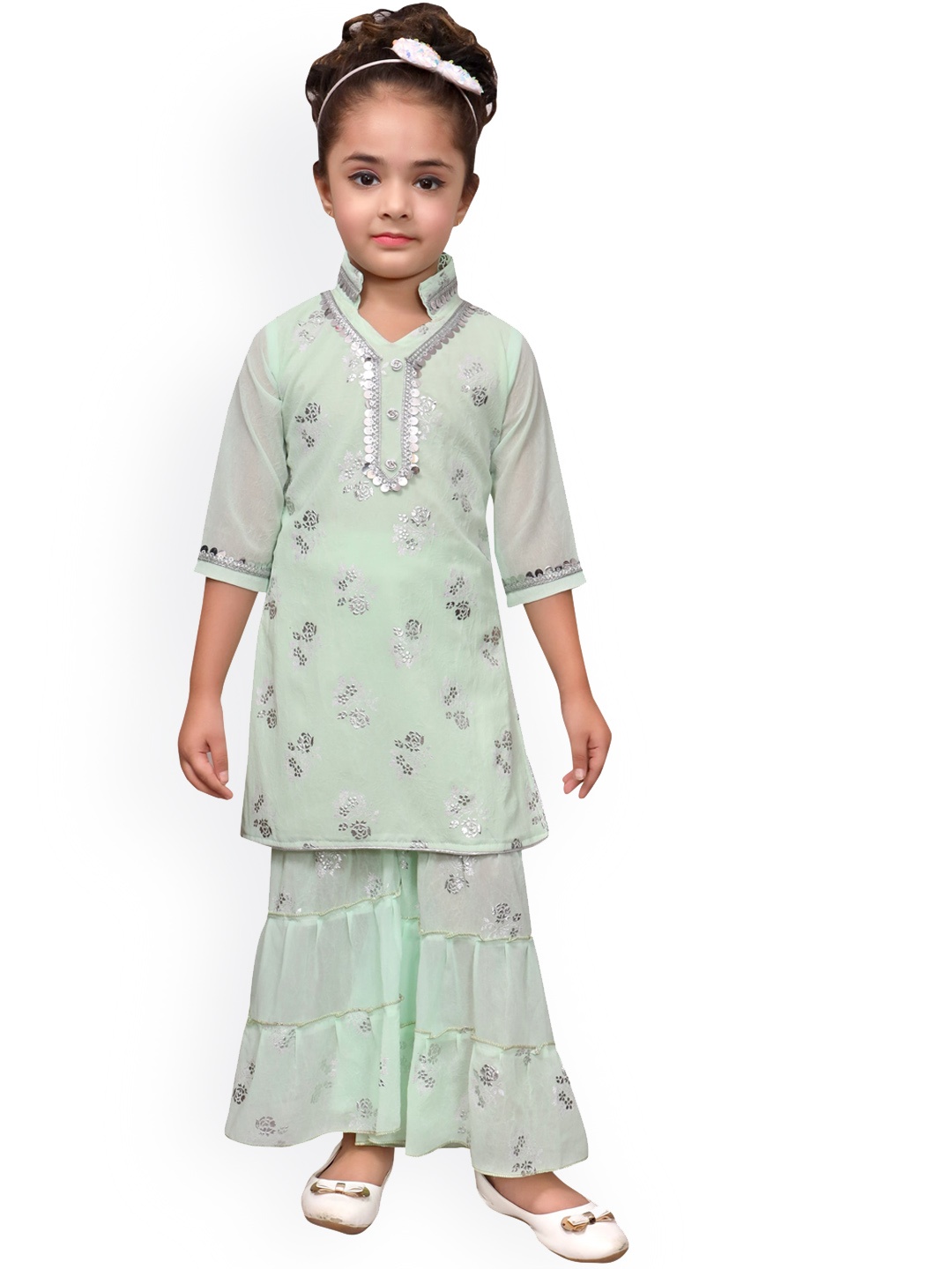 

SKY HEIGHTS Girls Sea Green Ethnic Motifs Embroidered Kurti with Pyjamas
