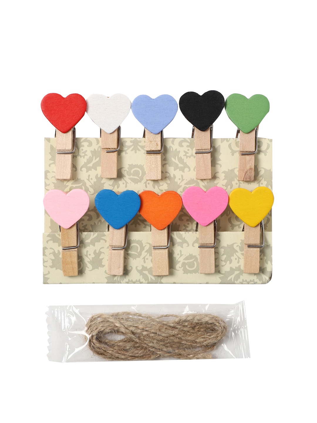 

FOREVER 21 Multicoloured Set of 10 Heart Wooden Photo Clip, Multi