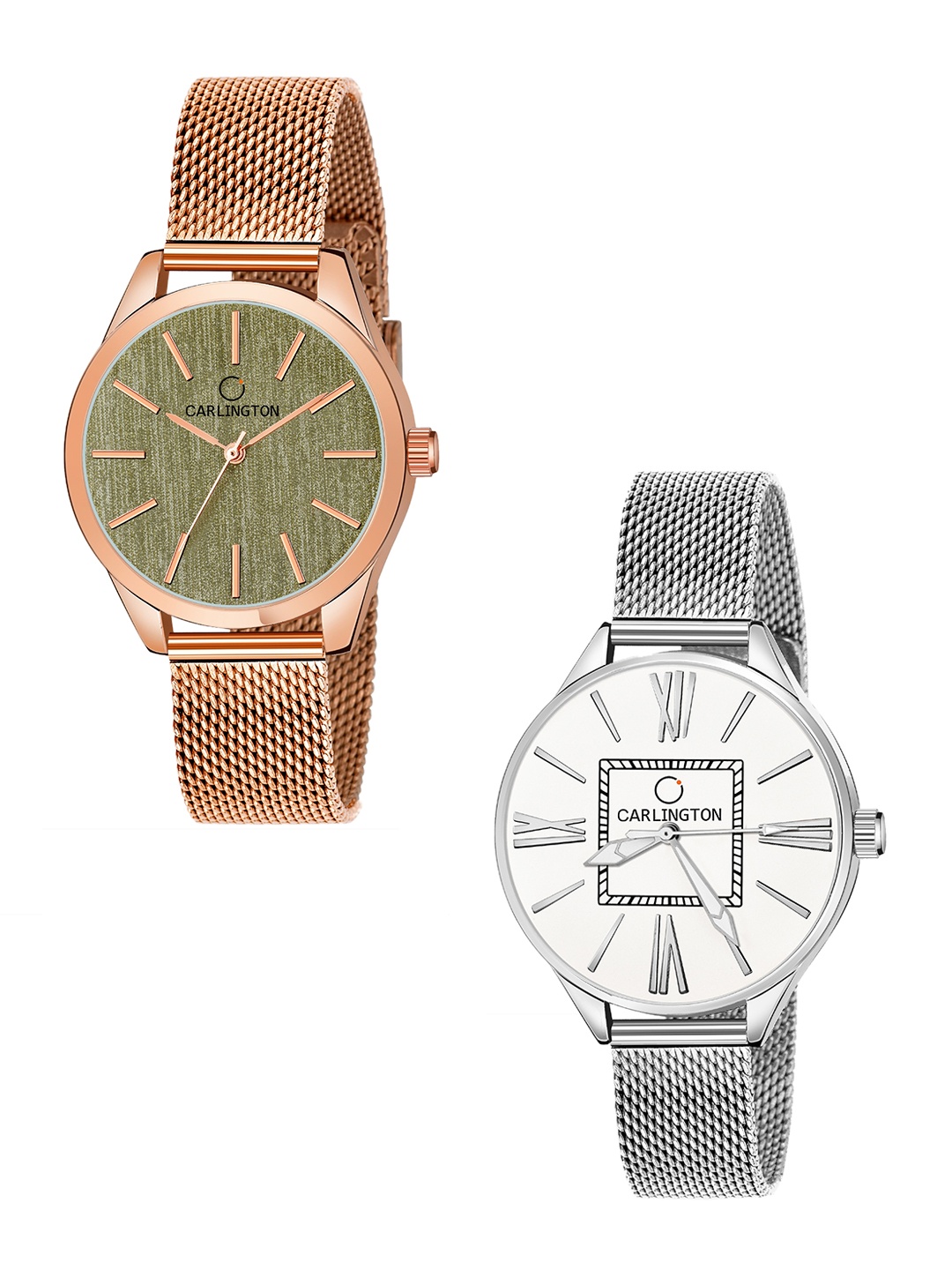 

CARLINGTON Women Set Of 2 Analogue Watch CT2001 RoseGreen-CT2015 Silver, Rose gold