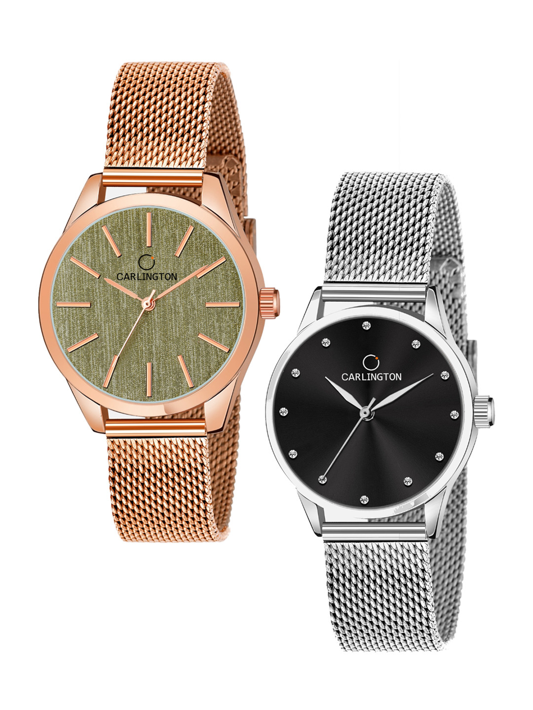 

CARLINGTON Unisex Pack Of 2 Multicoloured Analogue Watch-CT2001 RoseGreen-CT2009 Silver, Multi