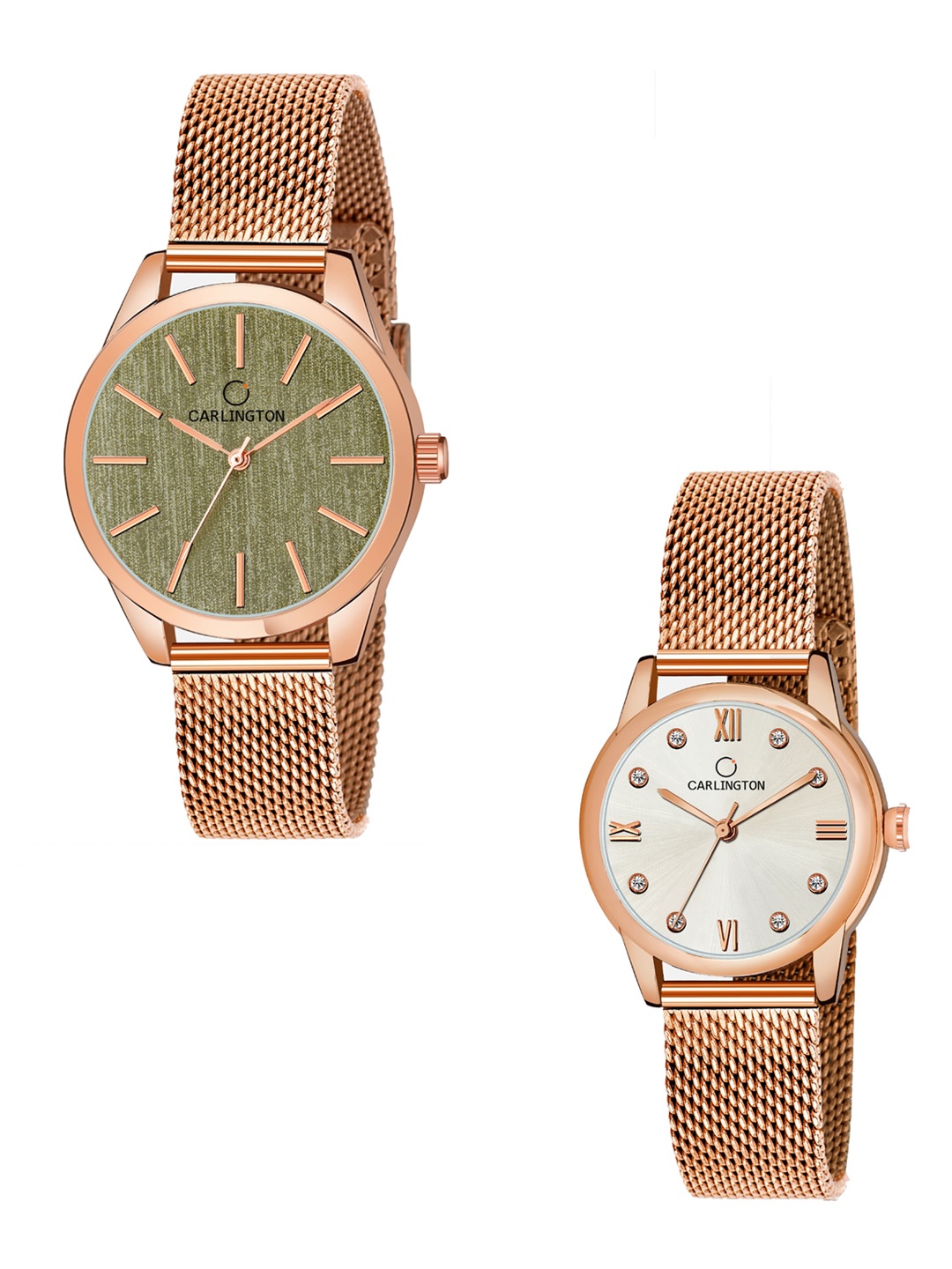 

CARLINGTON Set of 2 Women Analogue Watch - CT2001 RoseGreen-CT2005 RoseWhite, Rose gold