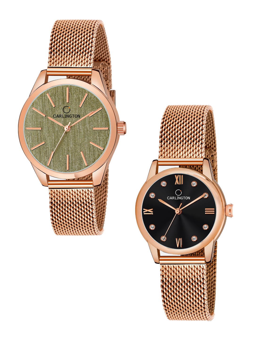 

CARLINGTON Women Set of 2 Rose Gold-Toned Stainless Steel Analogue Watches CT2001 CT2005