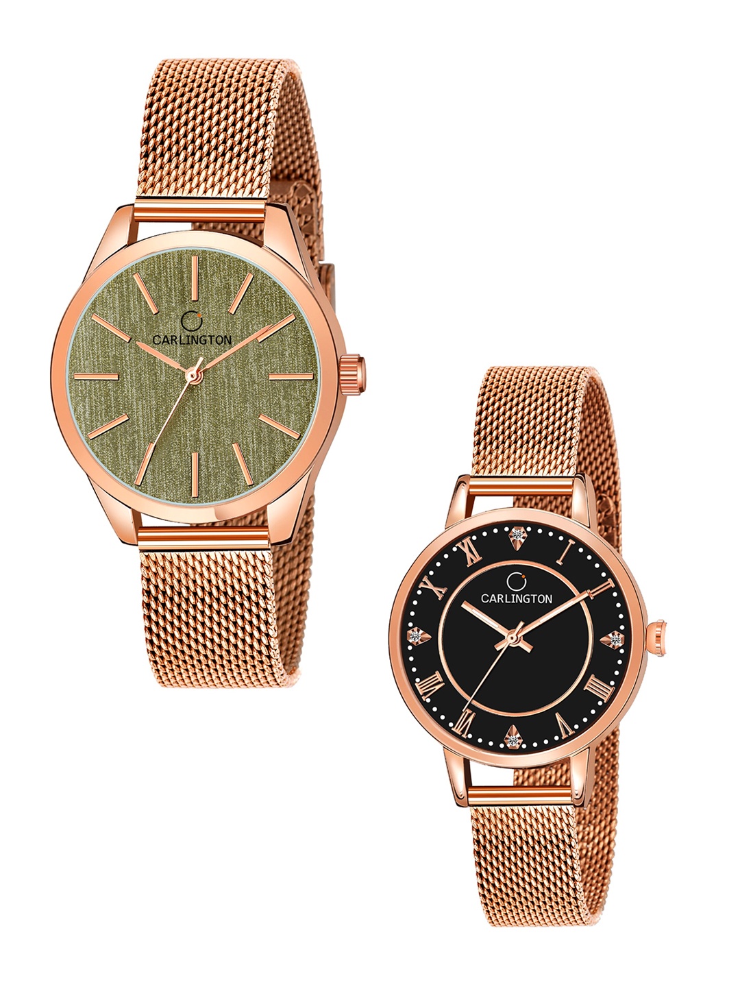 

CARLINGTON Women Set of 2 Stainless Steel Bracelet Style Straps Analogue Watches, Multi