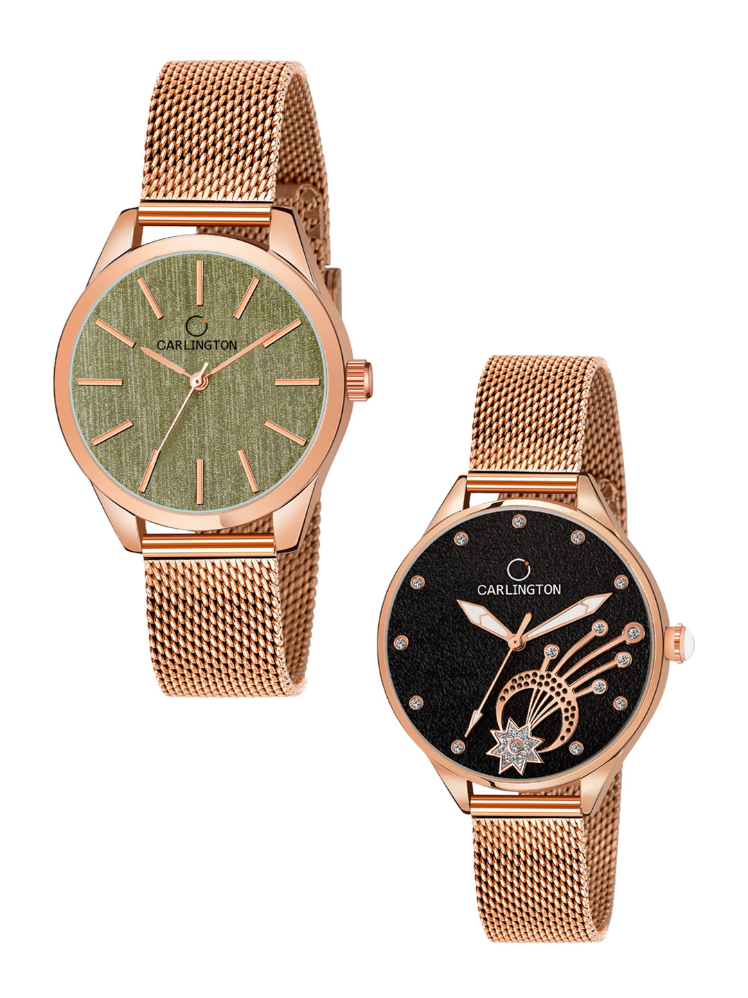 

CARLINGTON Women Pack of 2 Stainless Steel Straps Analogue Watch CT2001 RoseGreen-CT2020, Gold