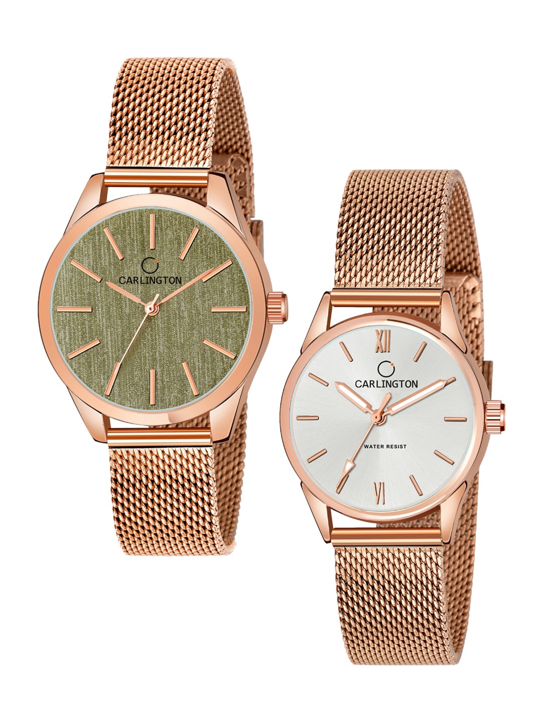 

CARLINGTON Women Pack of 2 Stainless Steel Straps Analogue Watch CT2001 RoseGreen-CT2008, Gold
