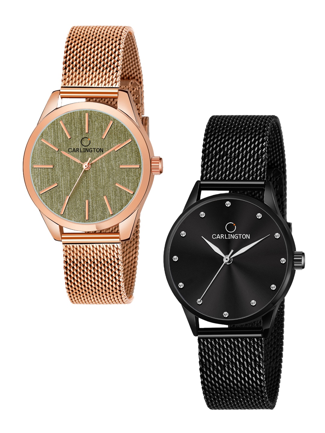 

CARLINGTON Women Set Of 2 Multicoloured Dial & Stainless Steel Bracelet Straps Analogue Watch CT2001 RoseGreen-CT2009 Black, Multi