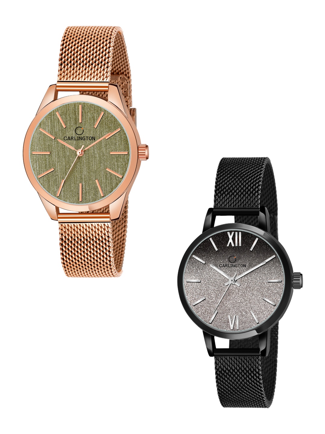 

CARLINGTON Women Pack of 2 Stainless Steel Straps Analogue Watch CT2001 RoseGreen-CT2018, Black