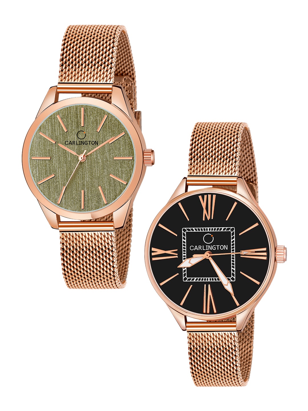 

CARLINGTON Women 2 Analogue Watches CT2001 RoseGreen-CT2015 RoseBlack, Rose gold