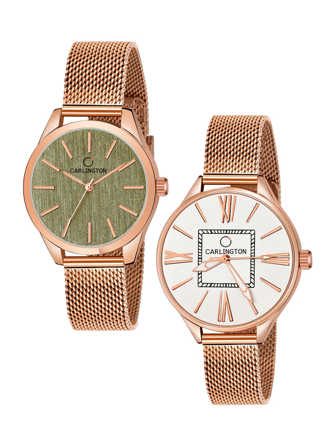 

CARLINGTON Women Set Of 2 Analogue Watch CT2001 RoseGreen-CT2015 RoseWhite, Rose gold