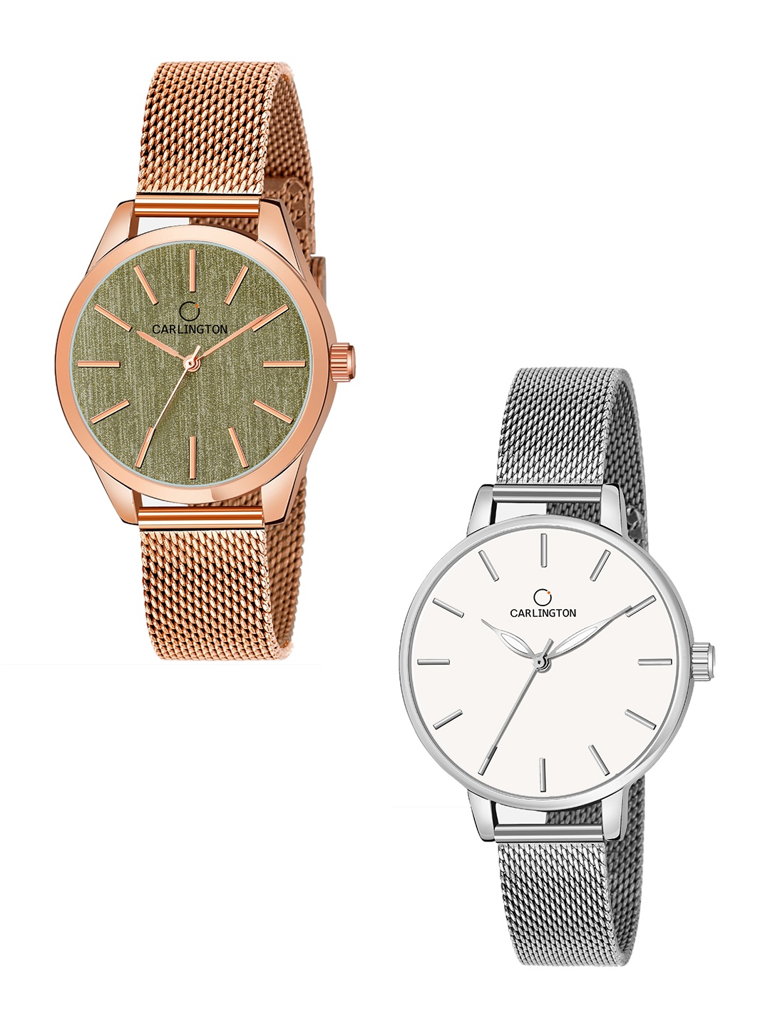 

CARLINGTON Set of 2 Women Analogue Watch - CT2001 RoseGreen-CT2014 Silver, Multi