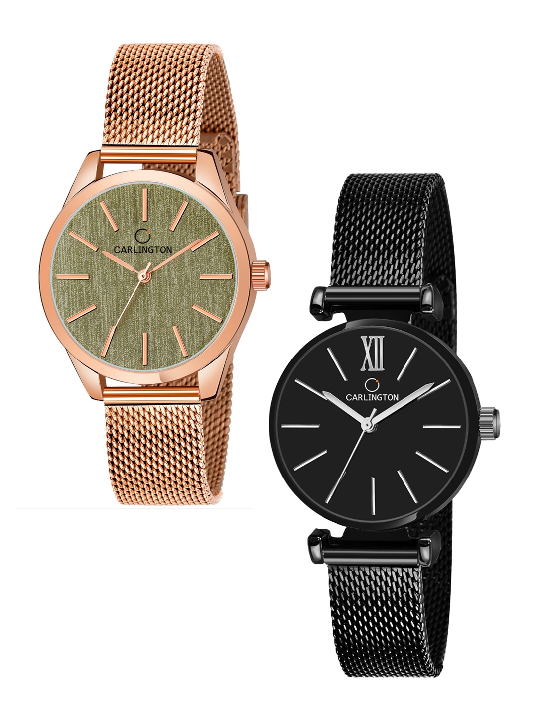 

CARLINGTON Women Pack Of 2 Bracelet Style Straps Analogue Watch, Rose gold