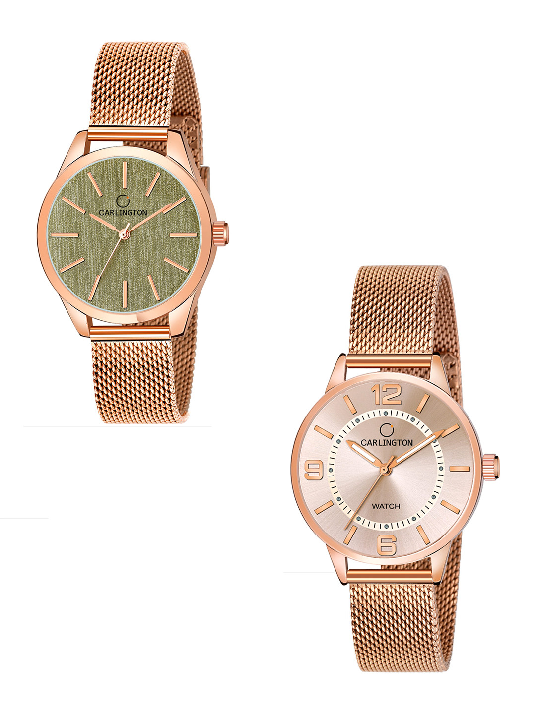 

CARLINGTON Women Pack of 2 Stainless Steel Straps Analogue WatchCT2001 RoseGreen-CT2002, Gold