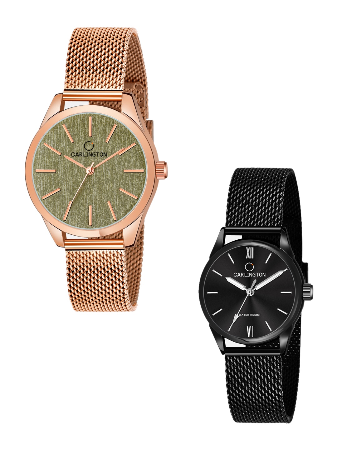 

CARLINGTON Women Set Of 2 Multicoloured Dial & Stainless Steel Bracelet Straps Analogue Watch CT2001 RoseGreen-CT2008 Black, Multi