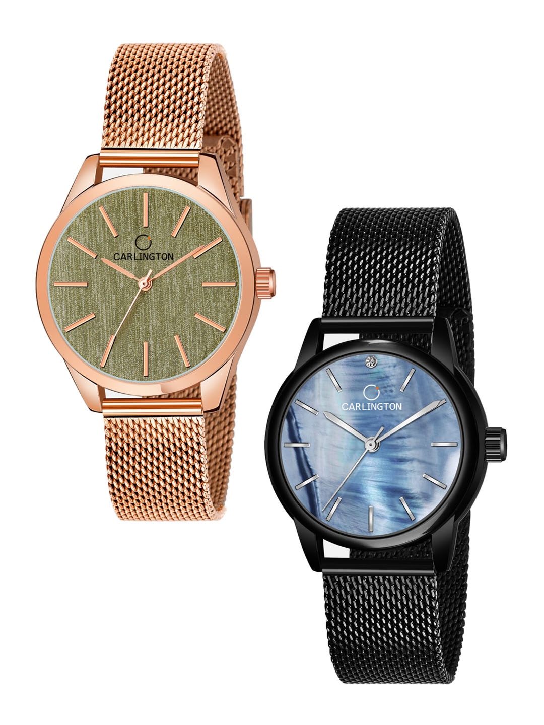 

CARLINGTON Women 2 Analogue Watches CT2001 RoseGreen-CT2010 BlackBlue, Rose gold