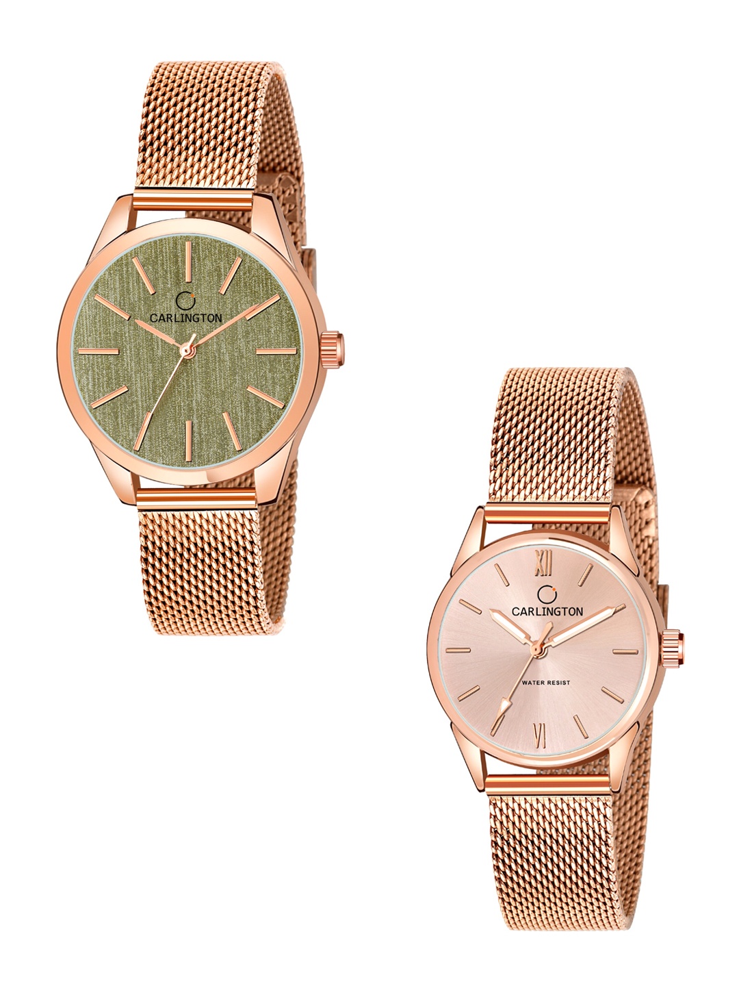 

CARLINGTON Women Rose Gold Set of 2 Stainless Steel Bracelet Style Straps Analogue Watches