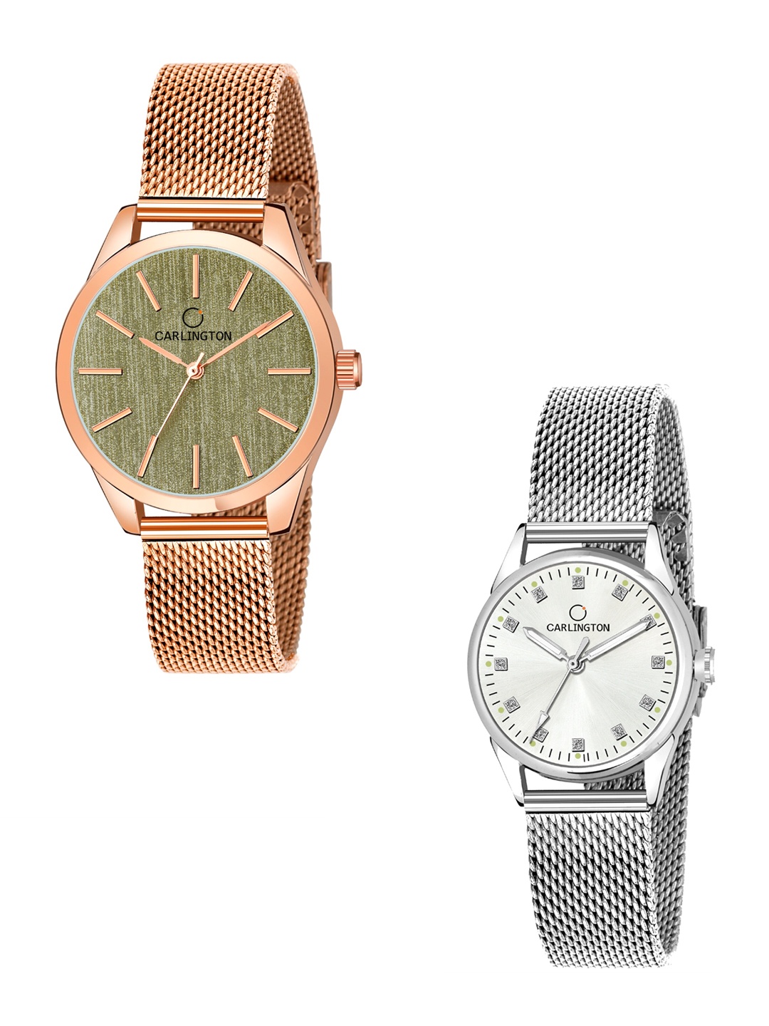 

CARLINGTON Set-2 Women Bracelet Style Straps Analogue Watch CT2001 RoseGreen-CT2003 Silver, Multi