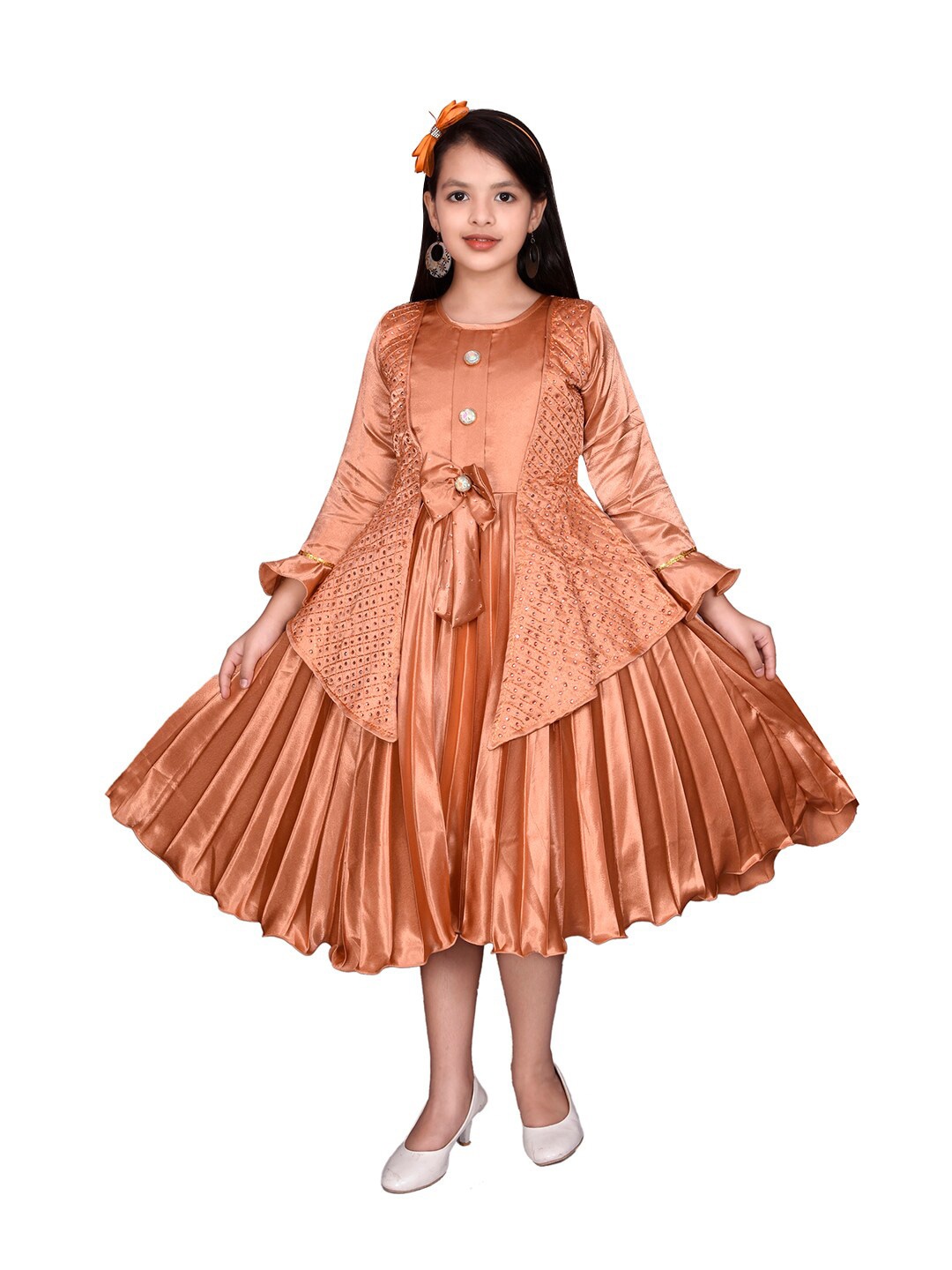 

SKY HEIGHTS Girls Copper-Toned Embellished Layered Satin Midi Dress