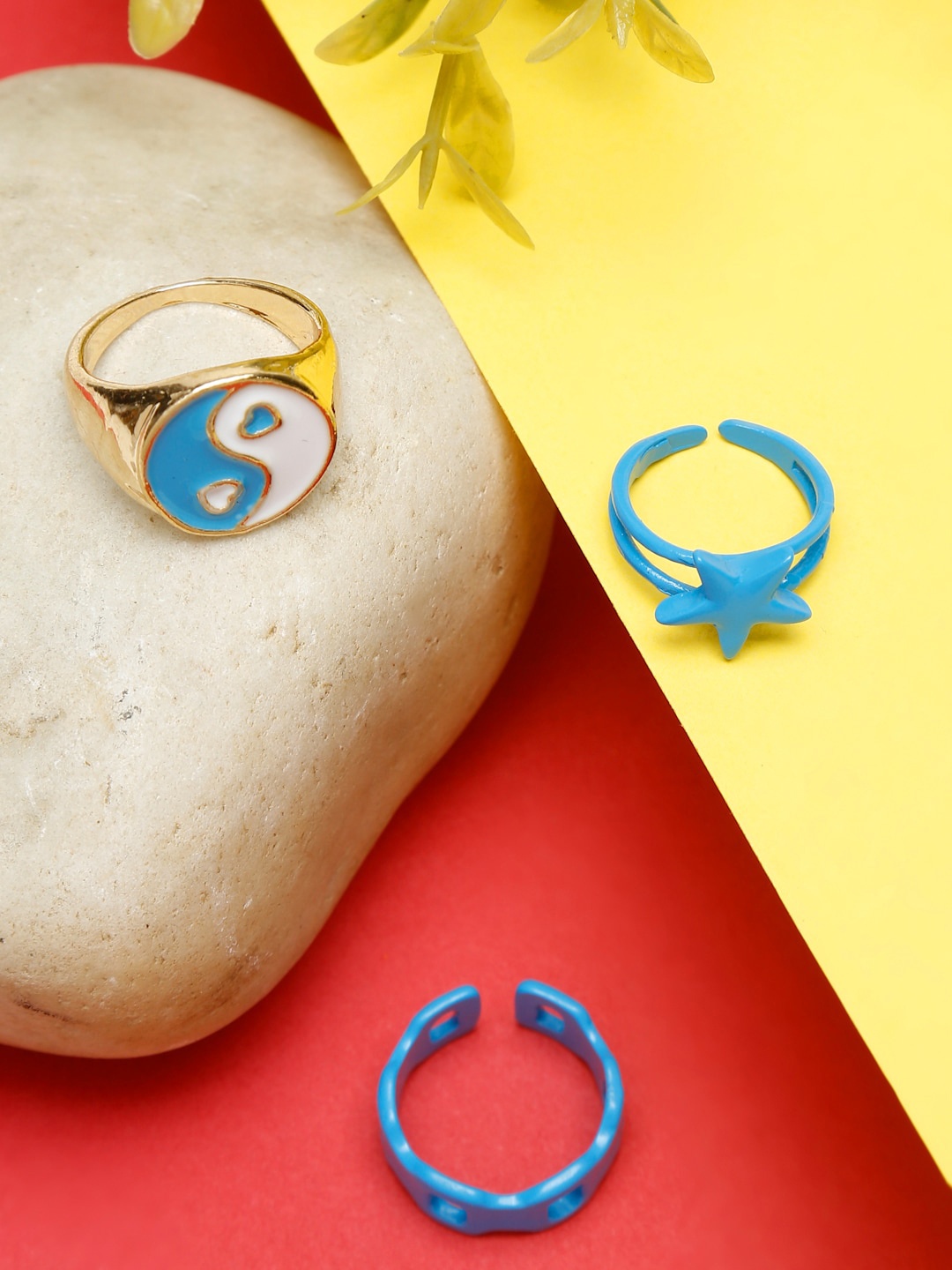 

YouBella Set Of 3 Blue & Gold-Toned Enameled Hand Crafted Finger Rings