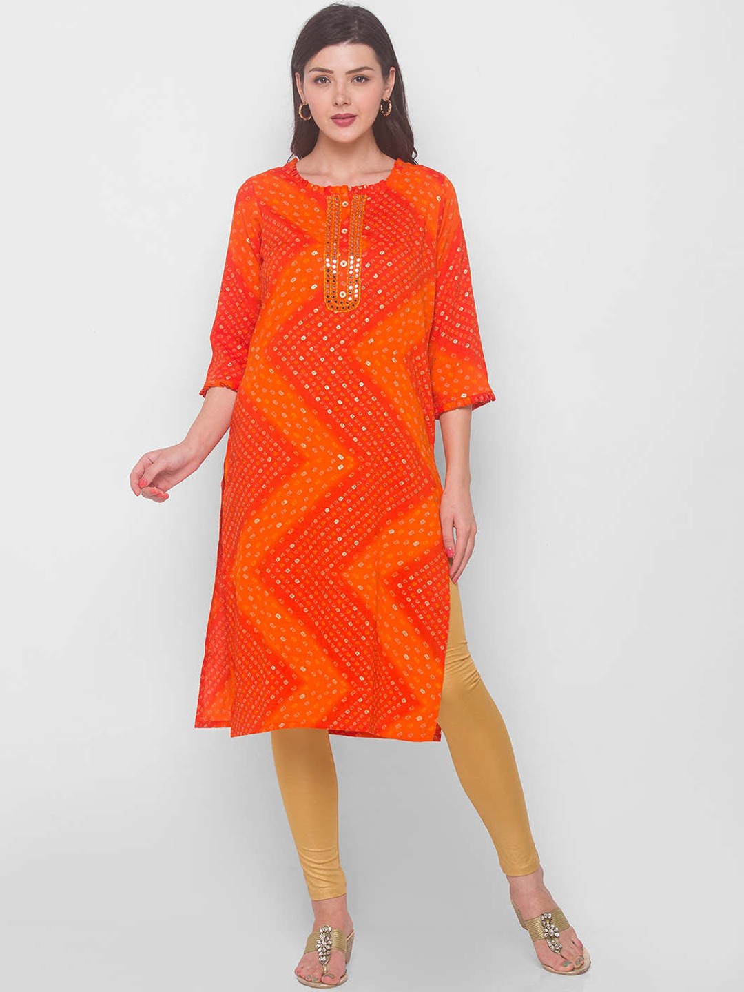 

ZOLA Women Orange Paisley Embellished Keyhole Neck Flared Sleeves Pathani Kurta