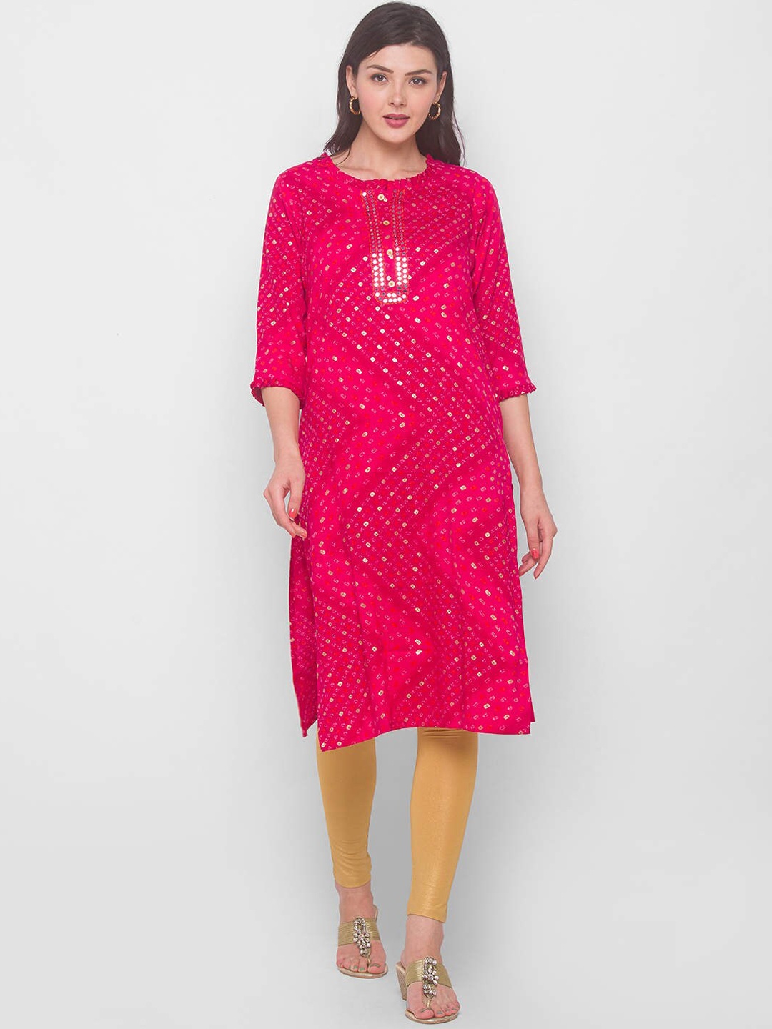 

ZOLA Women Pink Bandhani Mirror Work Kurta
