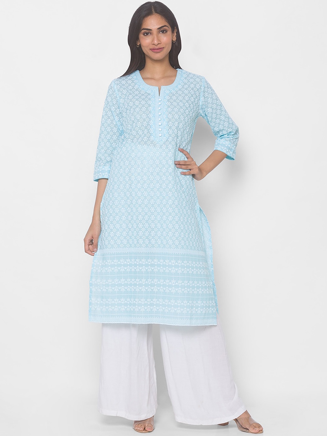 

ZOLA Women Turquoise Blue & White Ethnic Motifs Embroidered Chikankari Pure Cotton Kurta