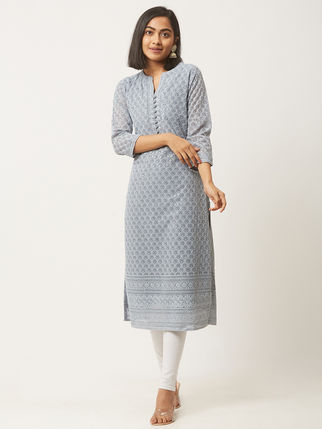 

ZOLA Women Embroidered Lucknowi Chikankari Lightweight Georgette Kurta, Grey