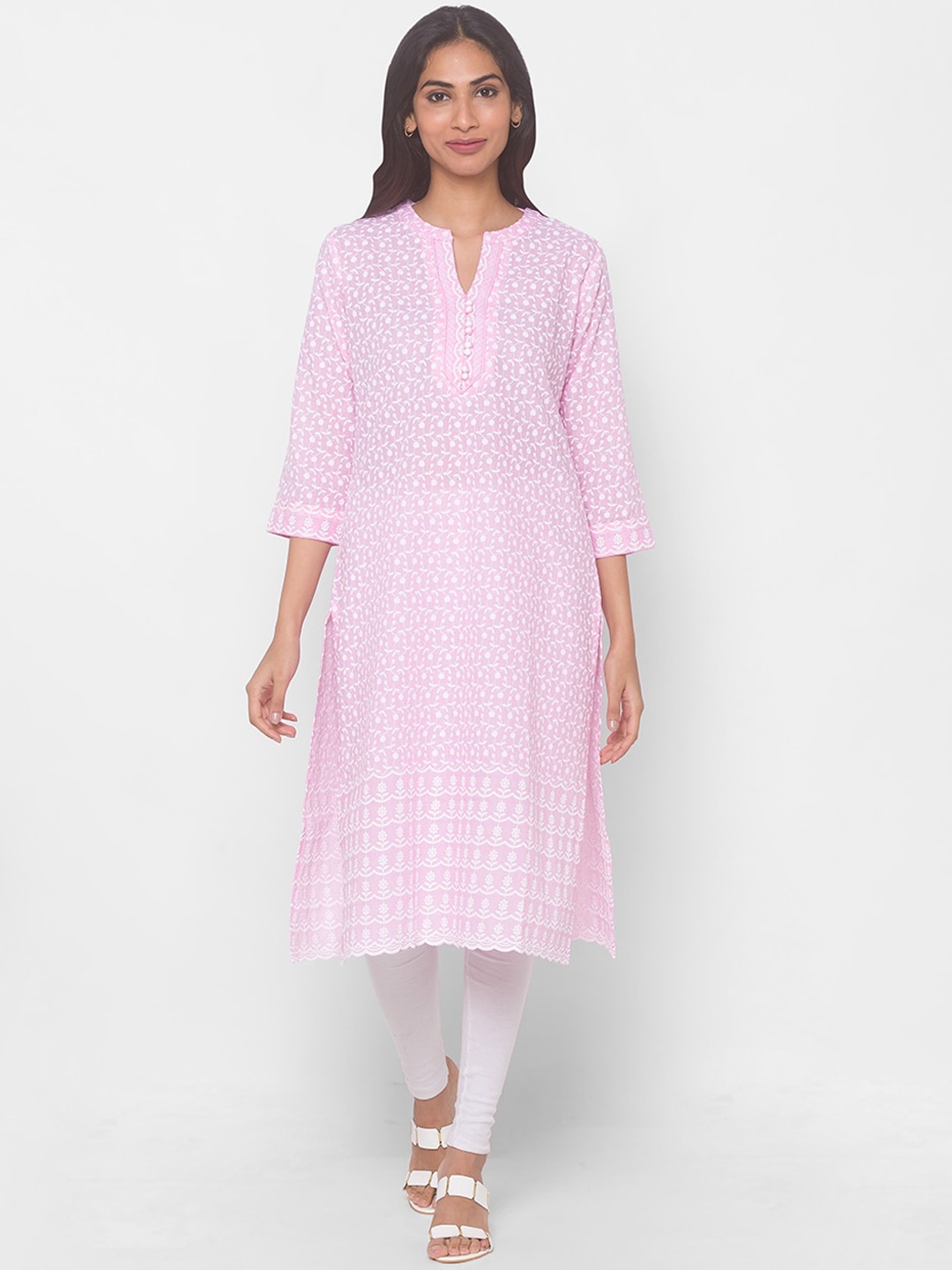 

ZOLA Women Pink & White Ethnic Motifs Embroidered Chikankari Cotton Kurta