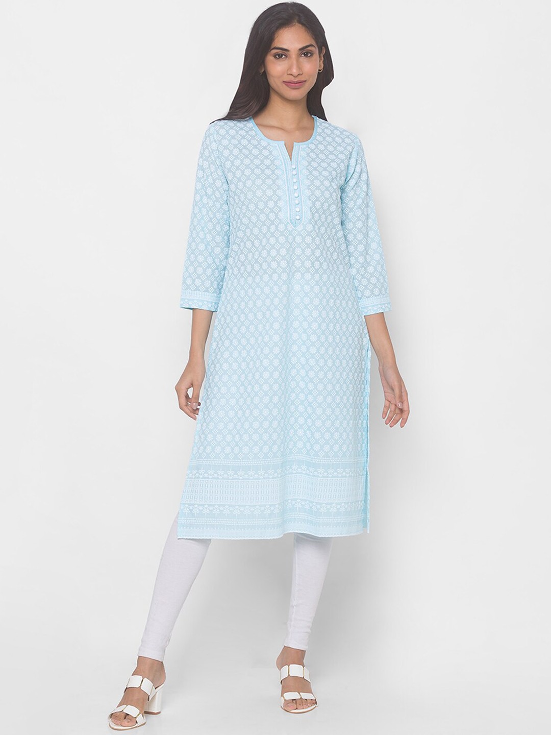

ZOLA Women Turquoise Blue Ethnic Motifs Embroidered Pure Cotton Chikankari Kurta