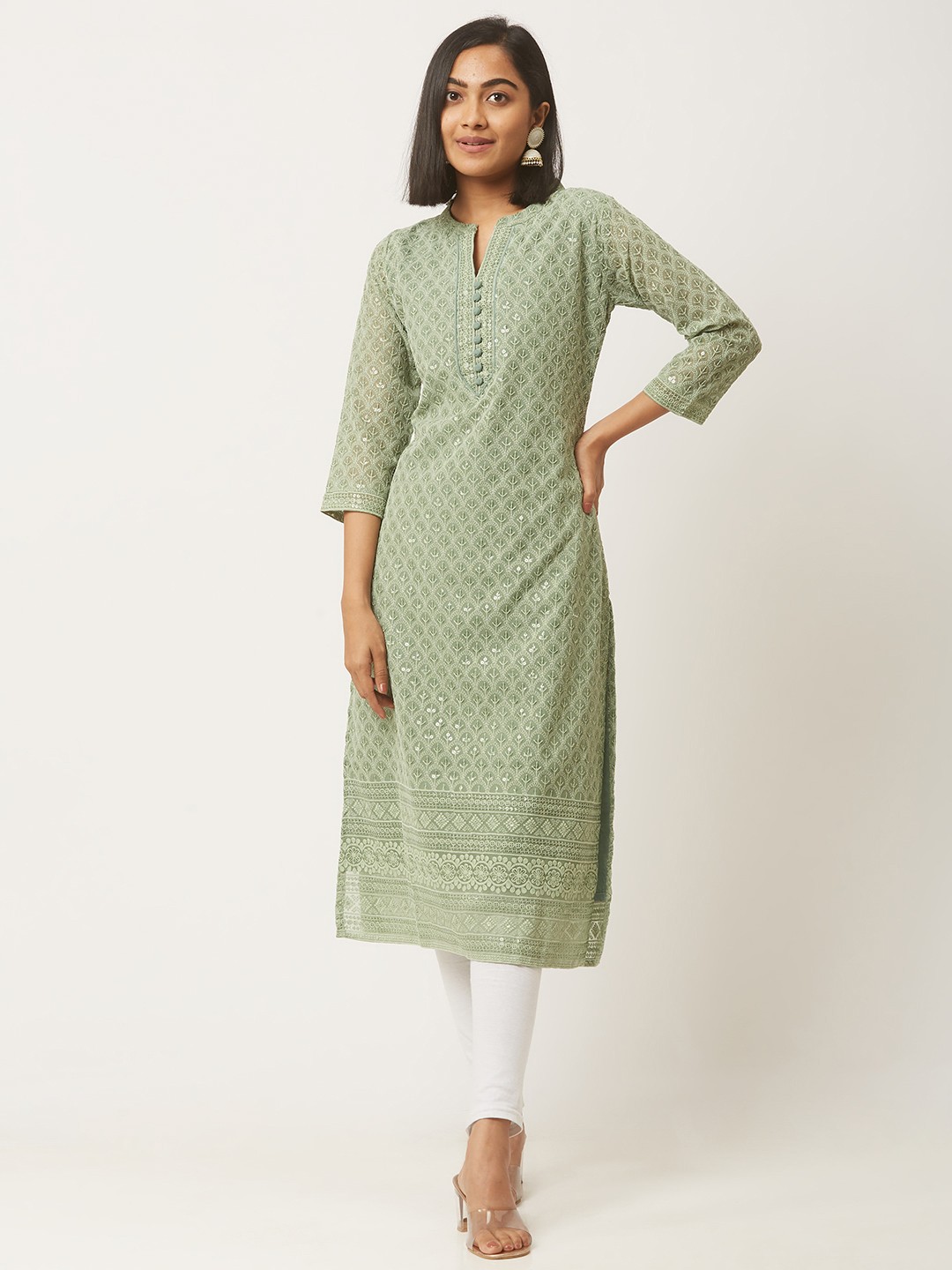

ZOLA Women Embroidered Lucknowi Chikankari Lightweight Georgette Kurta, Green