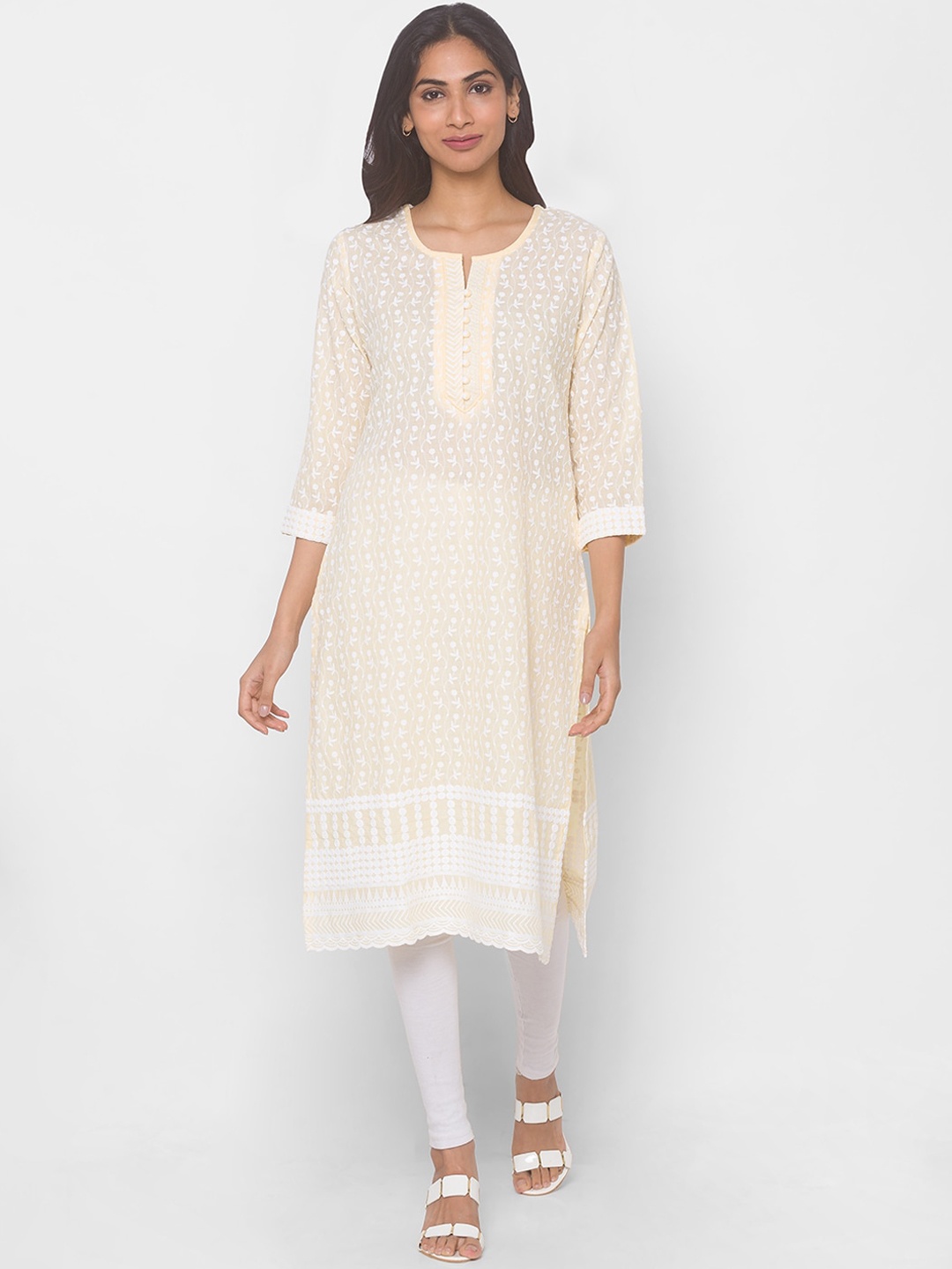 

ZOLA Women Yellow & White Ethnic Motifs Embroidered Chikankari Pure Cotton Kurta
