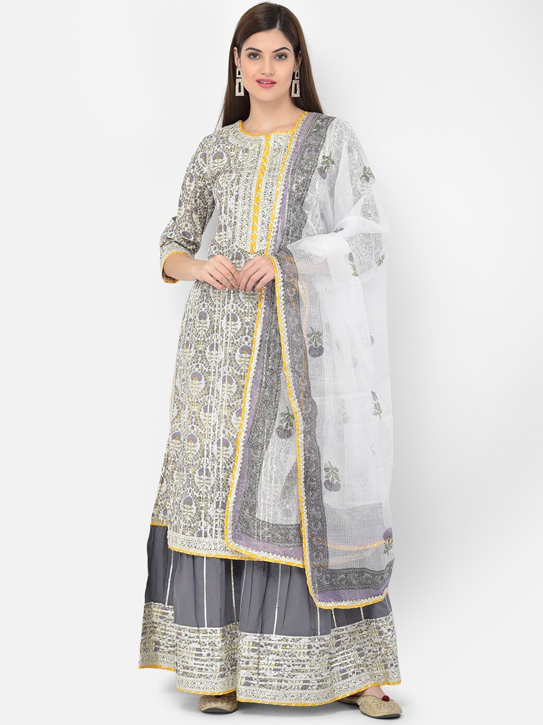 

Neerus Women Off White Floral Printed Regular Pure Cotton Kurta with Sharara & With Dupatta