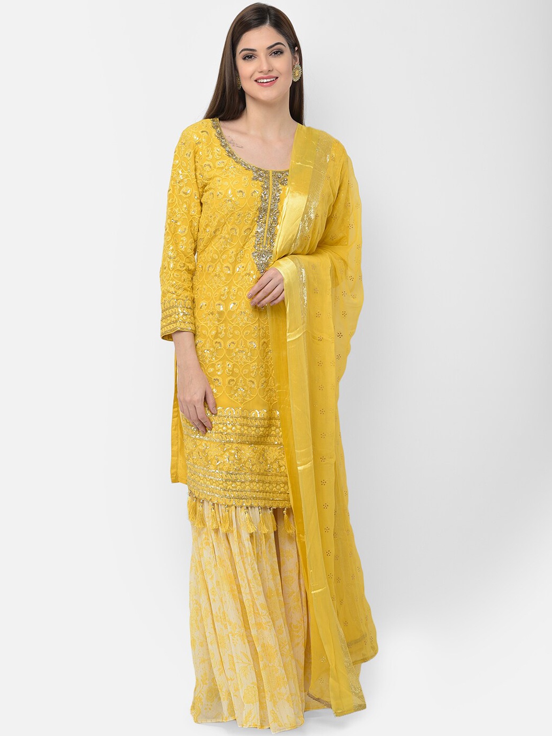 

Neerus Women Yellow Floral Embroidered Regular Silk Georgette Kurta With Sharara & Dupatta