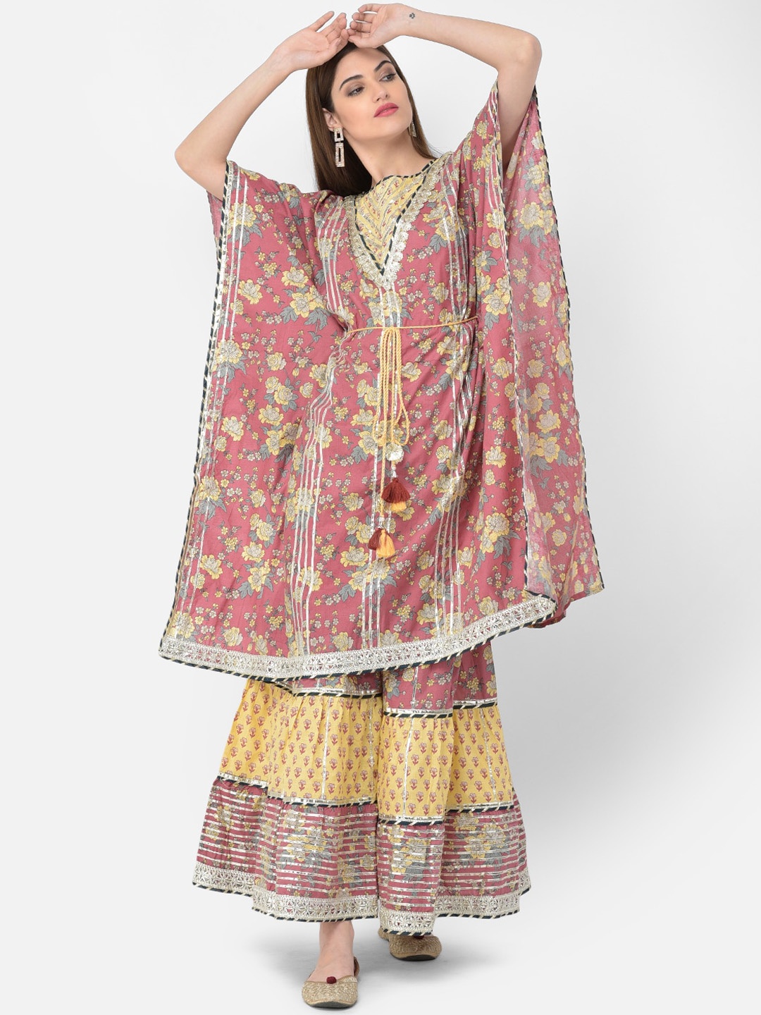 

Neerus Women Mauve Floral Printed Pure Cotton Kaftan Style Kurta with Sharara