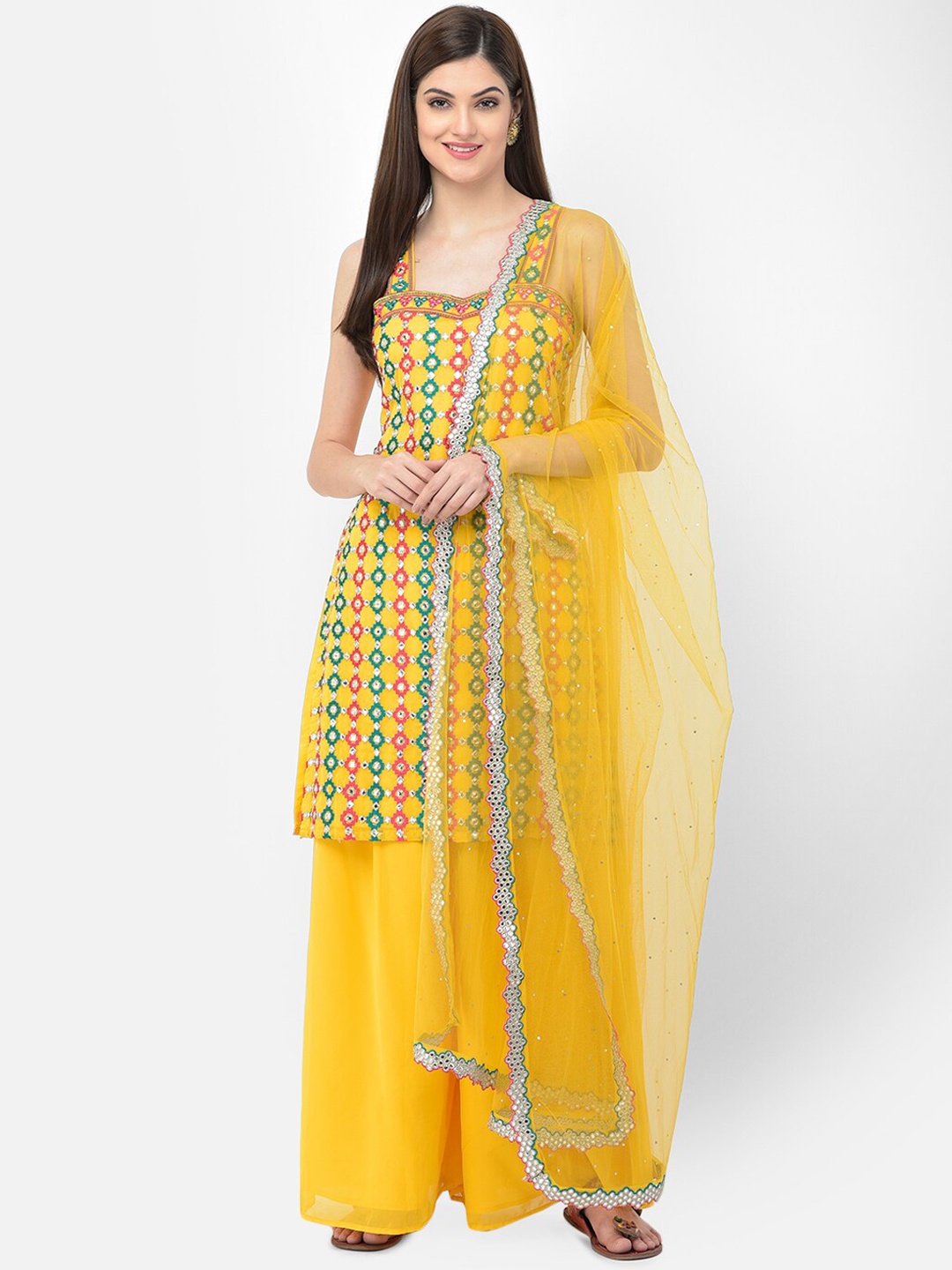 

Neerus Yellow Embroidered Mirror Work Silk Georgette Kurta with Palazzos & With Dupatta