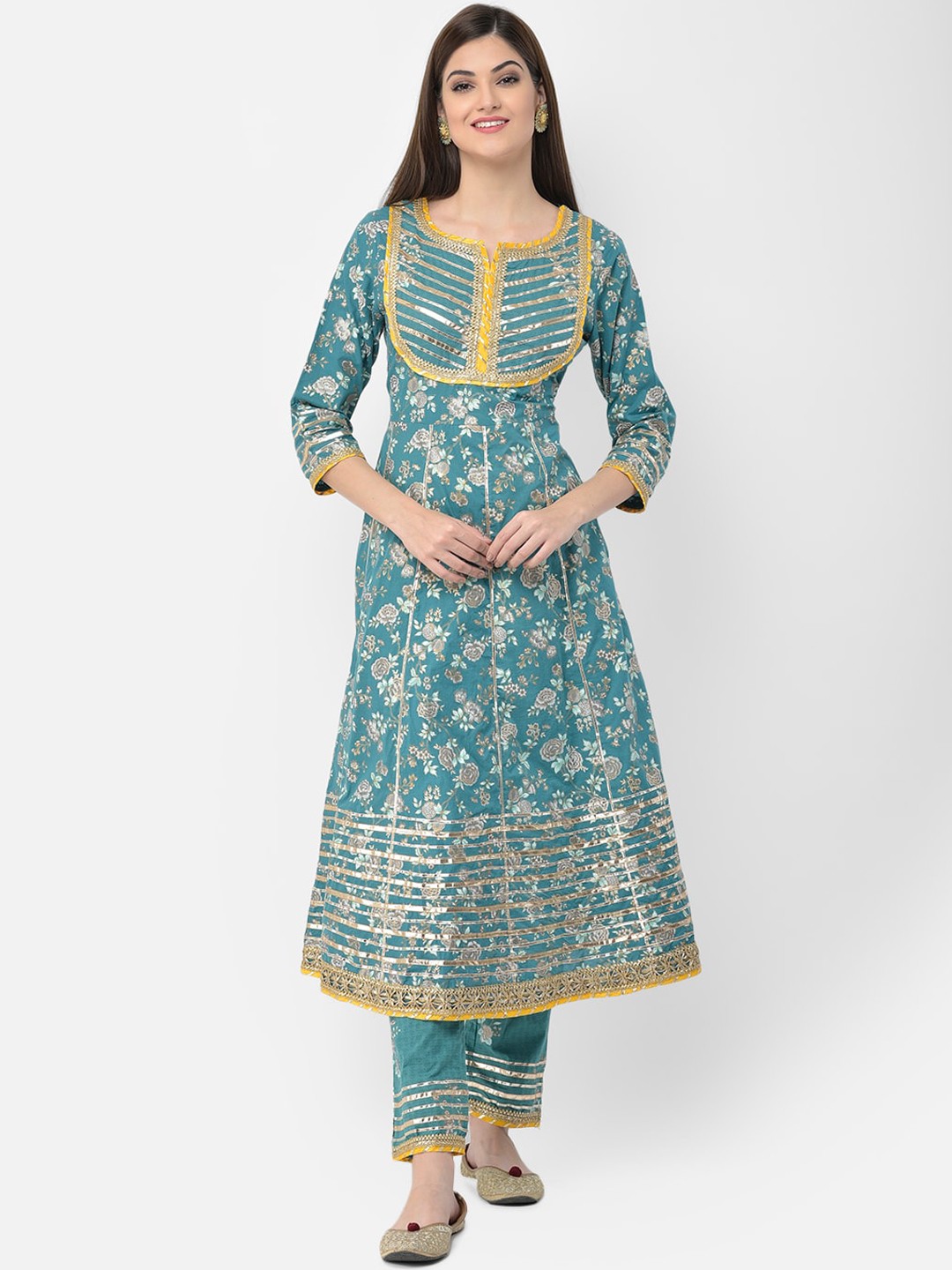 

Neerus Women Turquoise Blue Printed Pure Cotton Kurta with Trouser & Dupatta