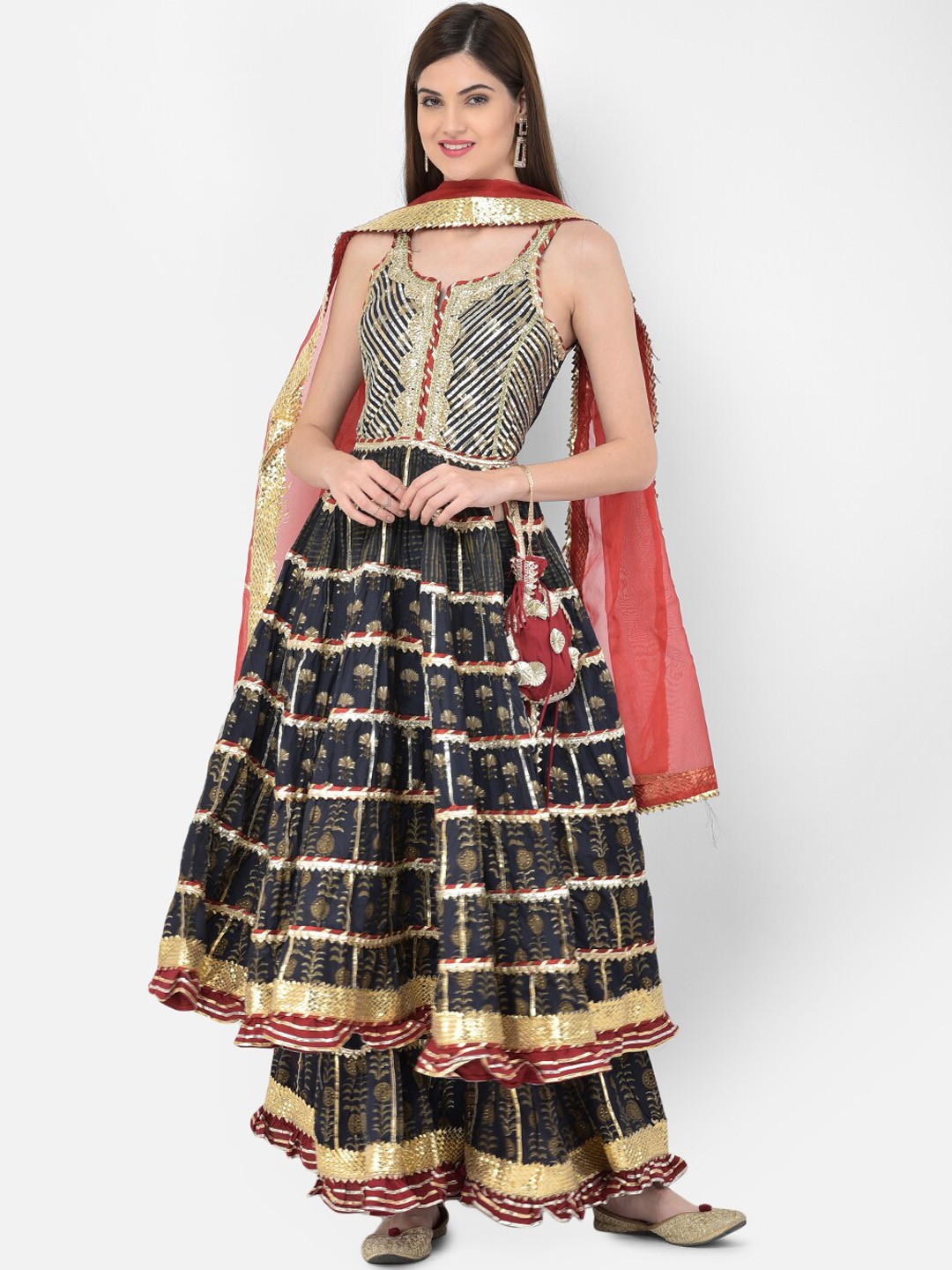 

Neerus Women Navy Blue Ethnic Motifs Printed Empire Kurta with Sharara & With Dupatta