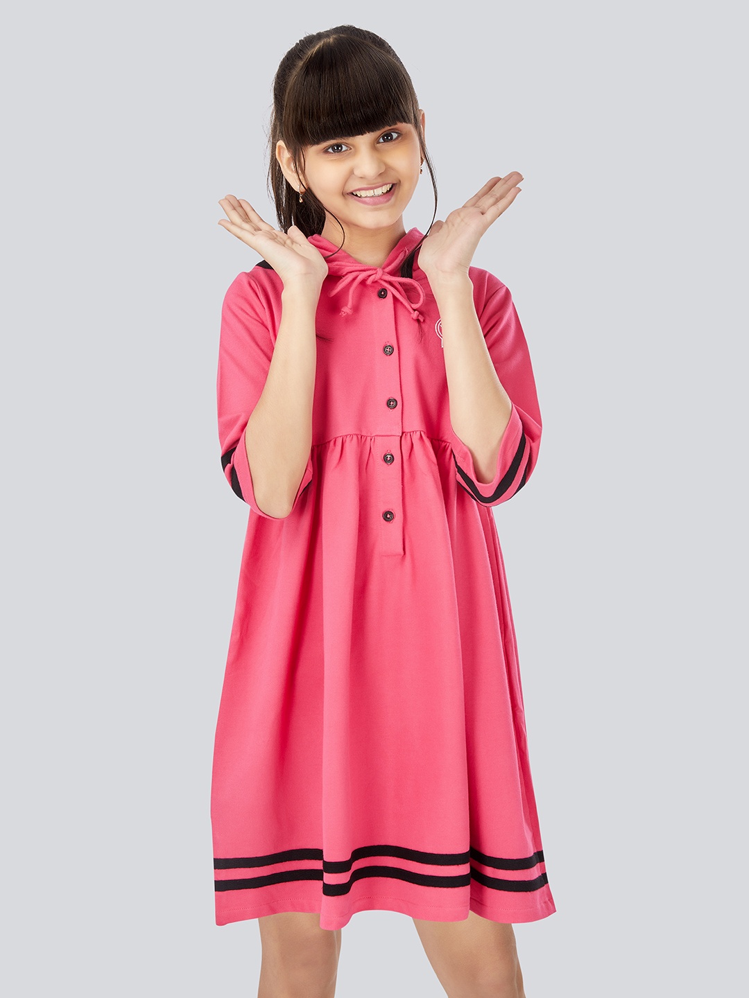 

Olele Girls Pink & Black Cotton A-Line Hoodie Winter Dress