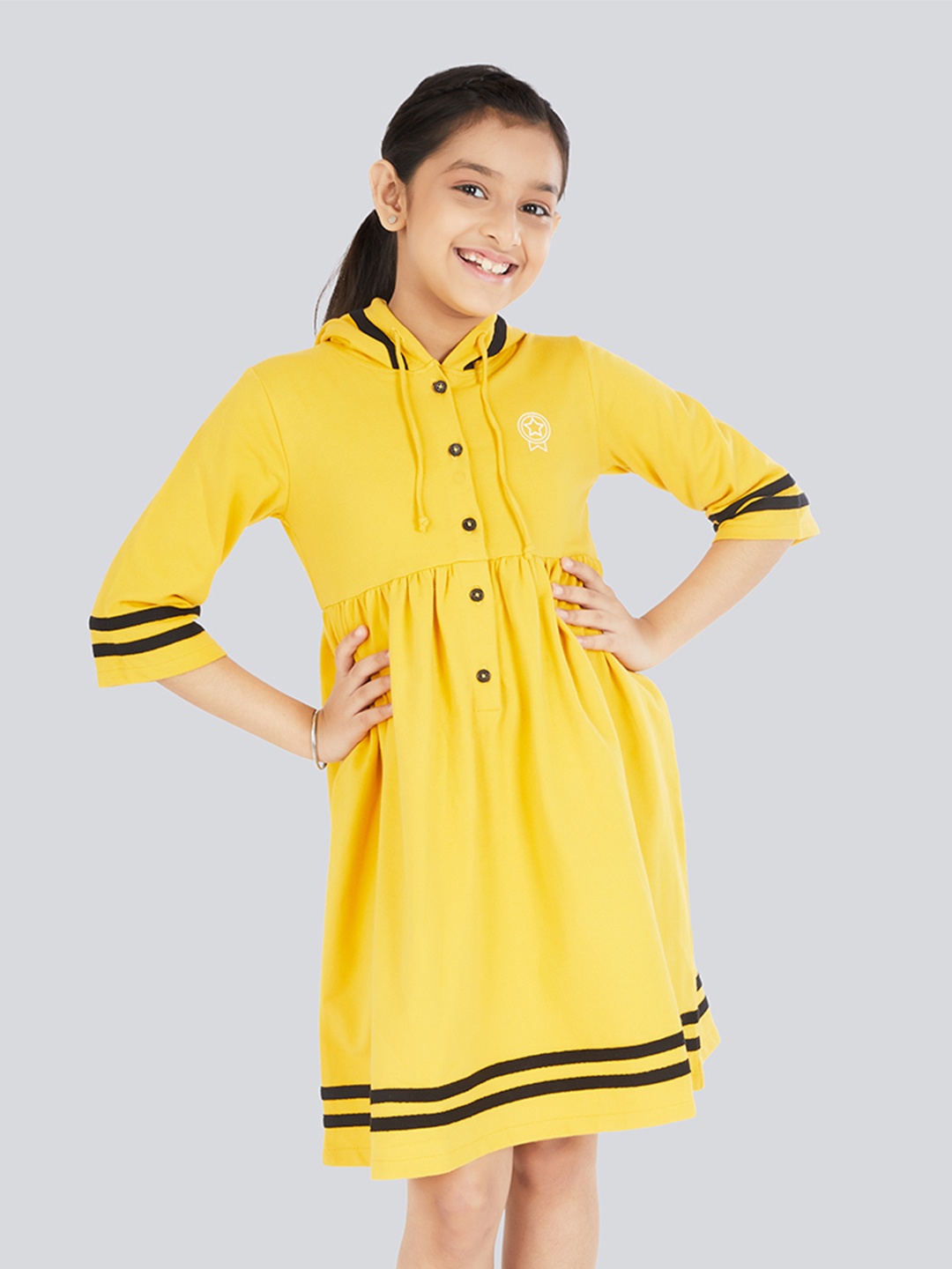 

Olele Girls Yellow & Black A-Line Cotton Hoodie Winter Dress