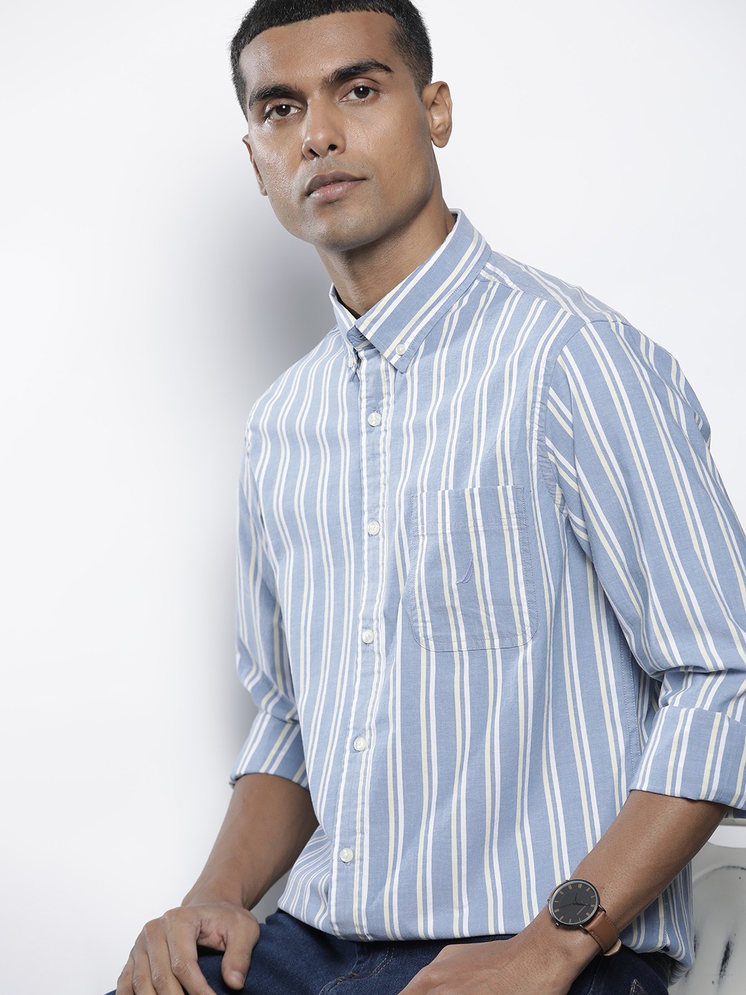 

Nautica Men Blue Classic Slim Fit Striped Casual Shirt