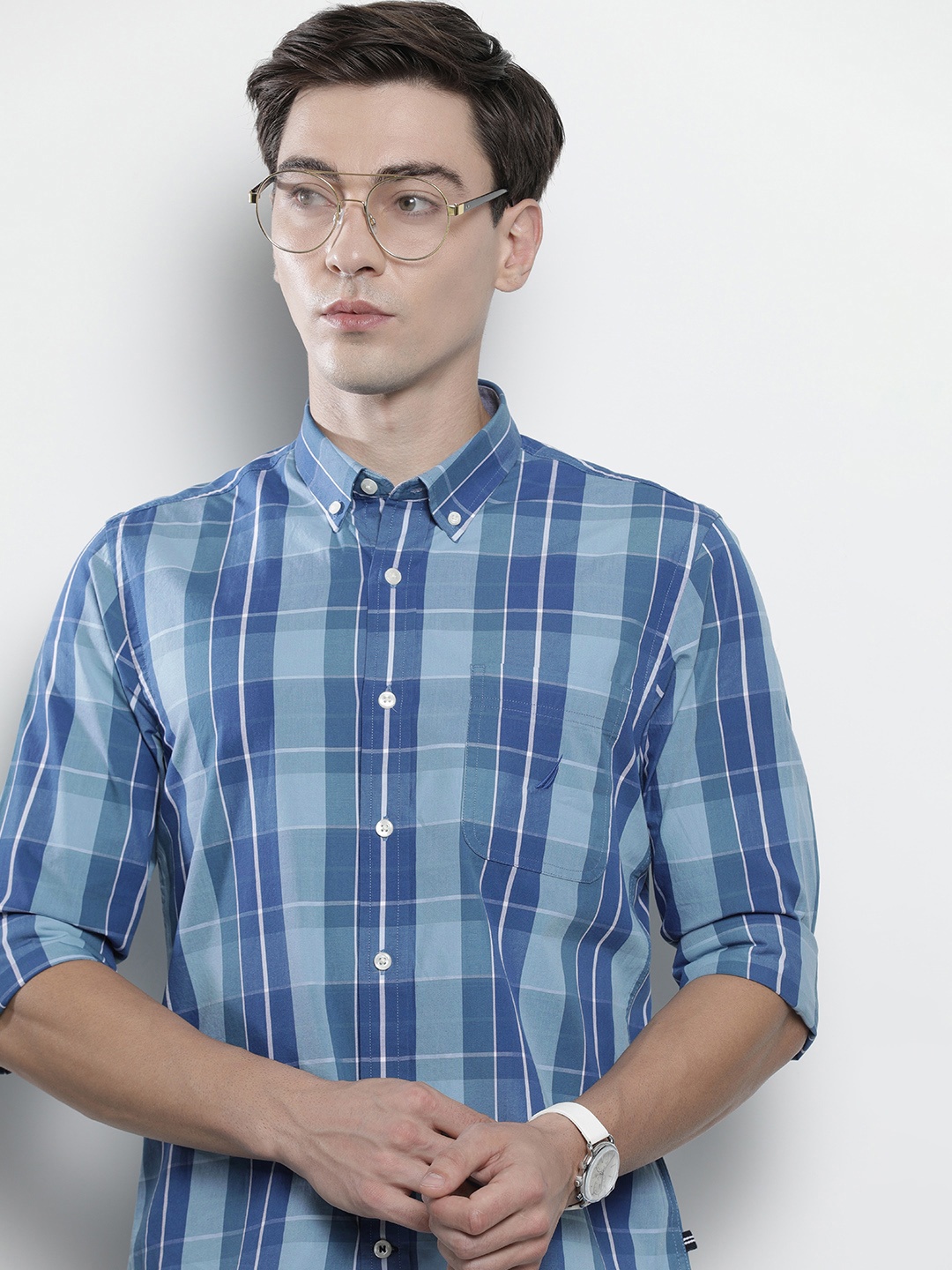 

Nautica Men Blue Tartan Checked Slim Fit Pure Cotton Casual Shirt