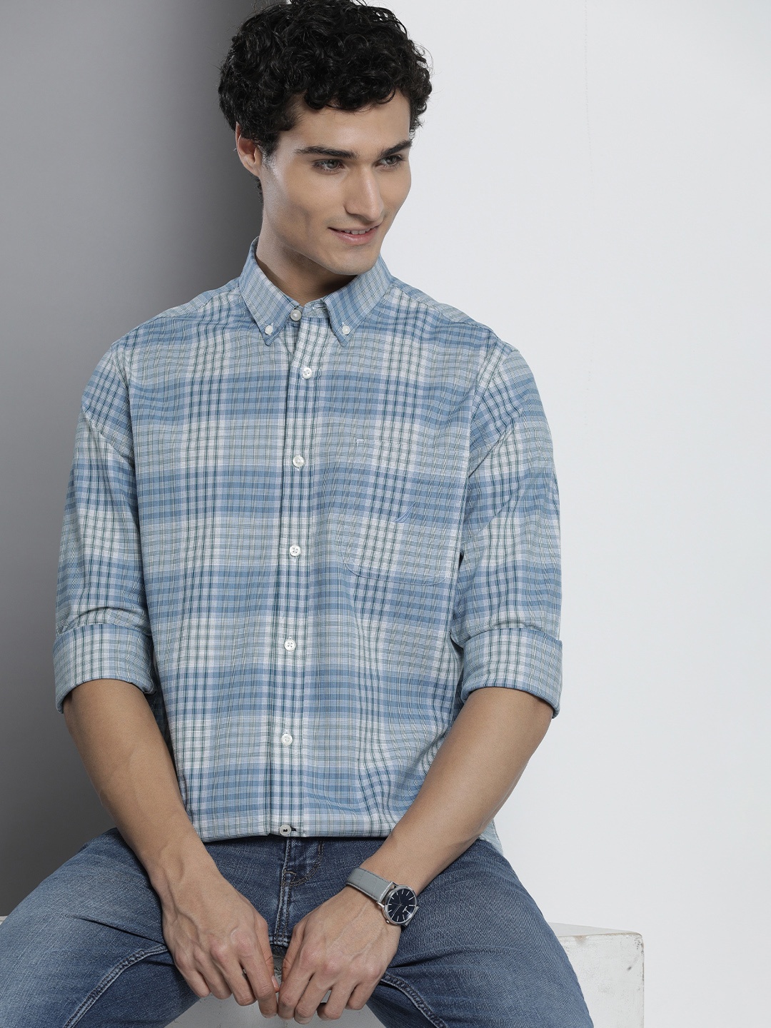 

Nautica Men Classic Checked Casual Shirt, Blue