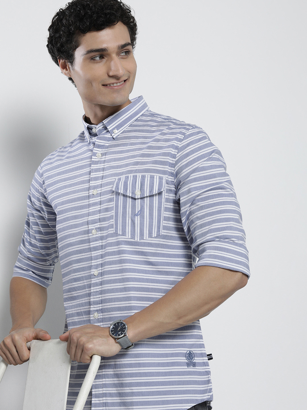 

Nautica Men Slim Fit Horizontal Striped Casual Shirt, Blue
