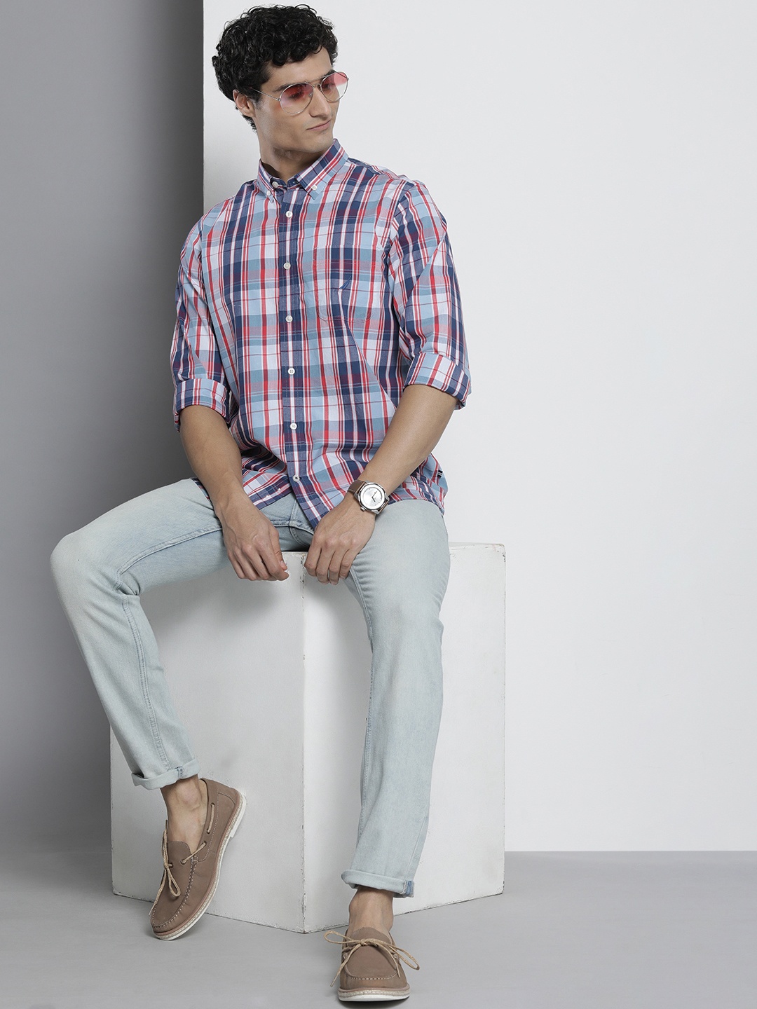 

Nautica Men Pure Cotton Classic Checked Casual Shirt, Navy blue
