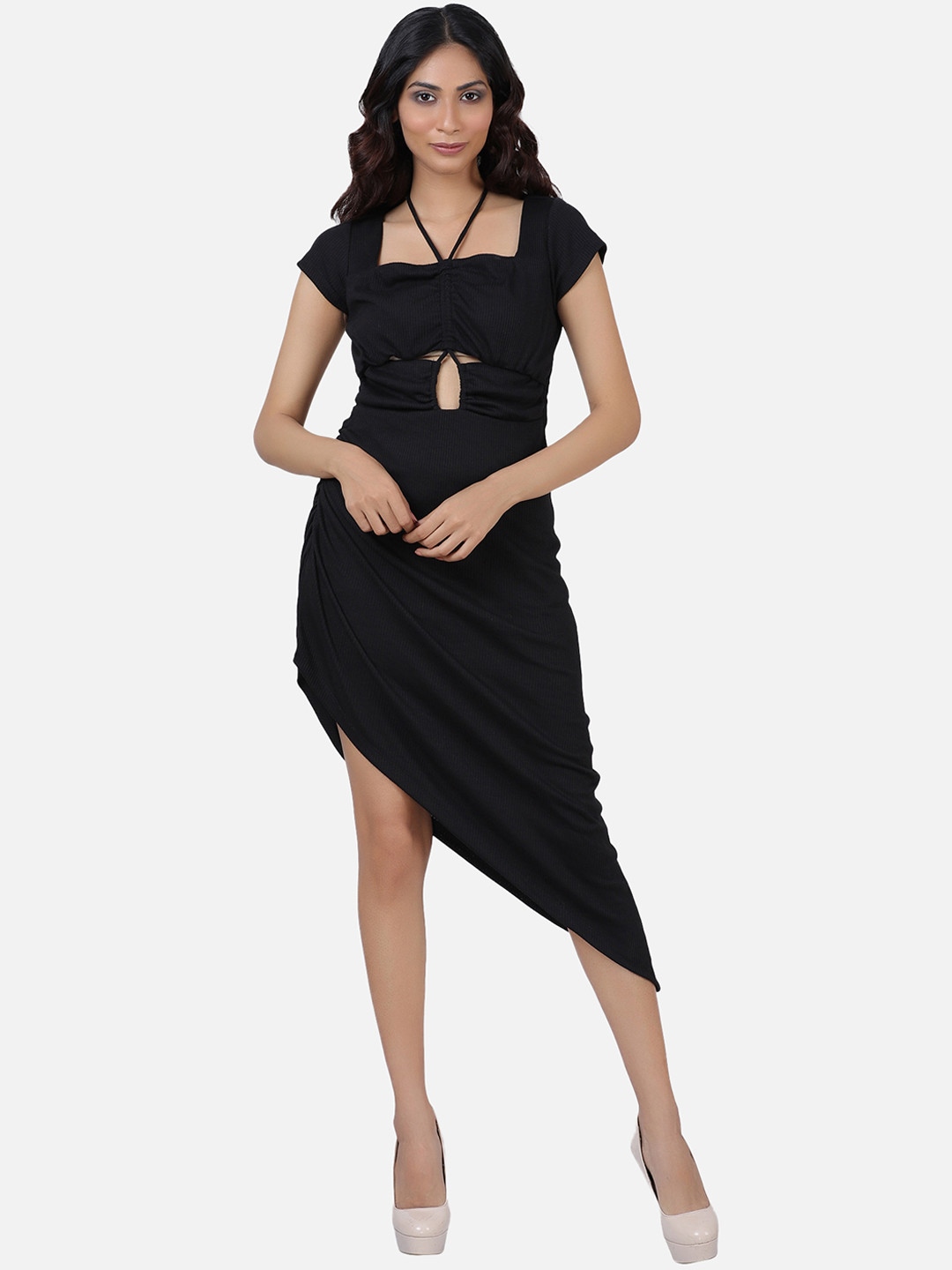 

ATTIC SALT Black Satin Sheath Midi Dress