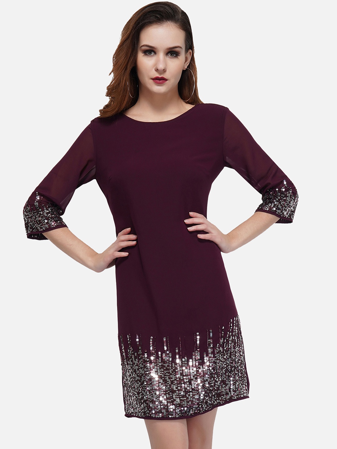 

ATTIC SALT Maroon Embellished Georgette Sheath Dress
