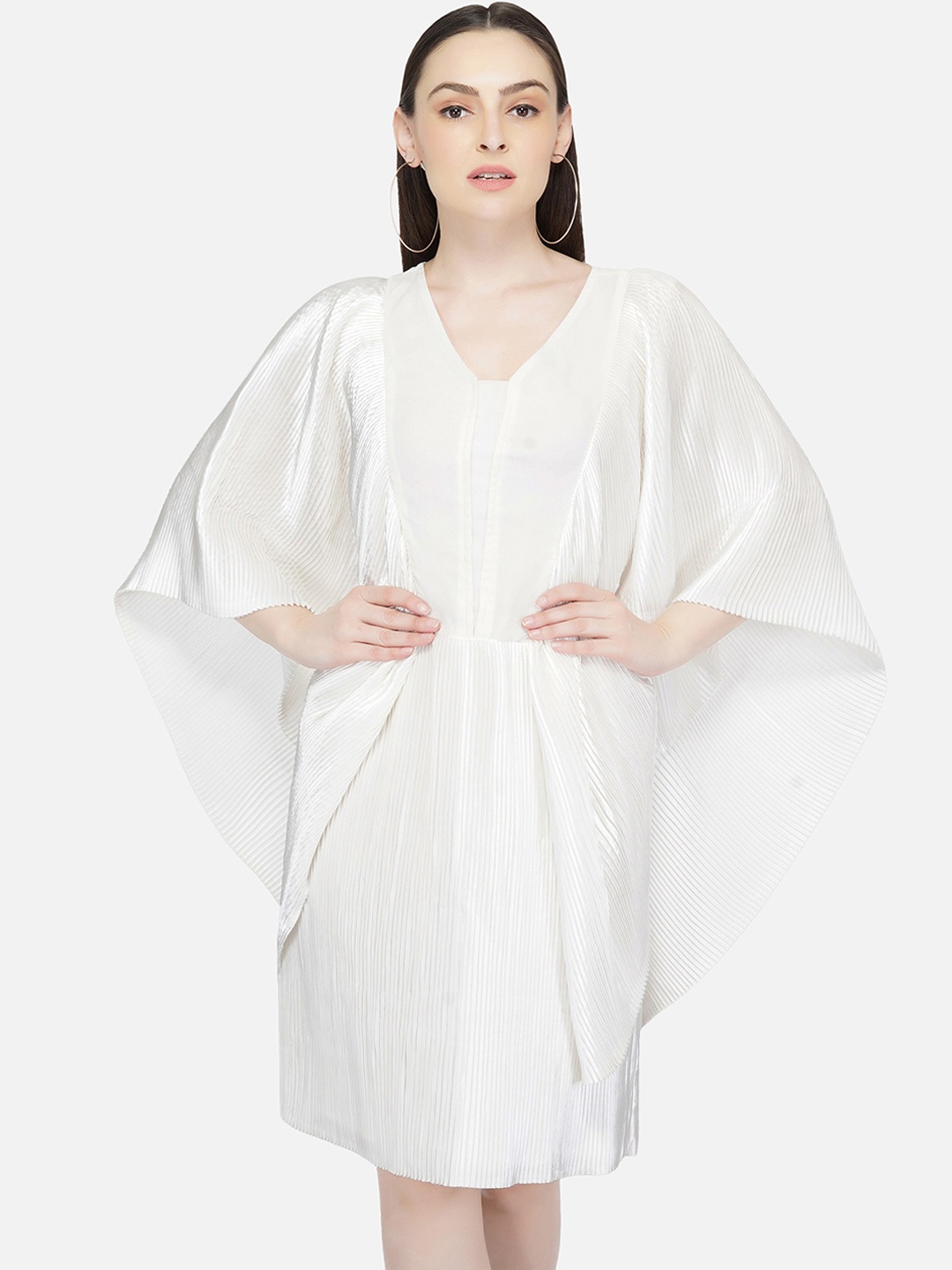 

ATTIC SALT White Flutter Sleeve Pleated Satin Dress