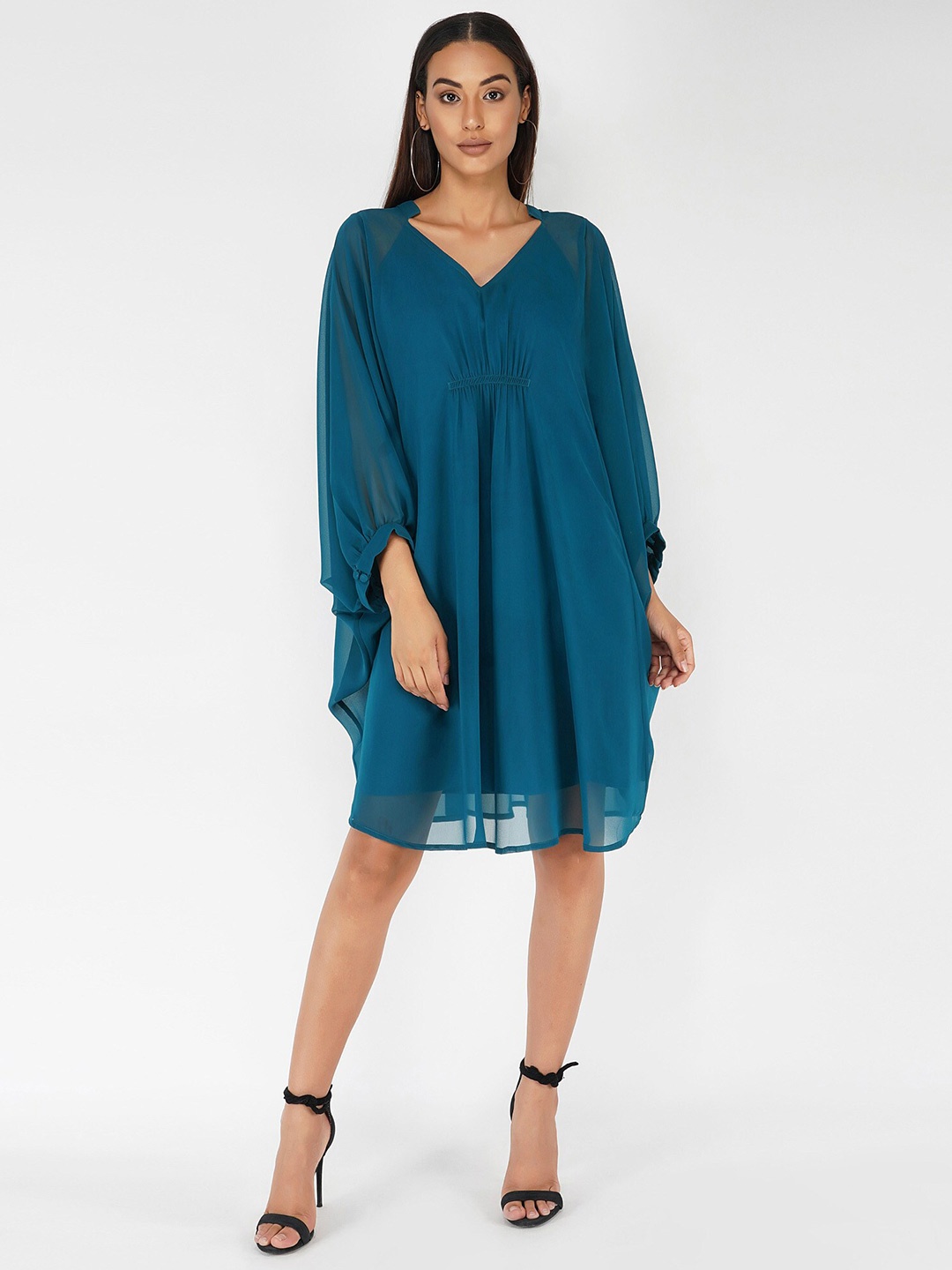 

ATTIC SALT Women Teal Green Solid A-Line Dress