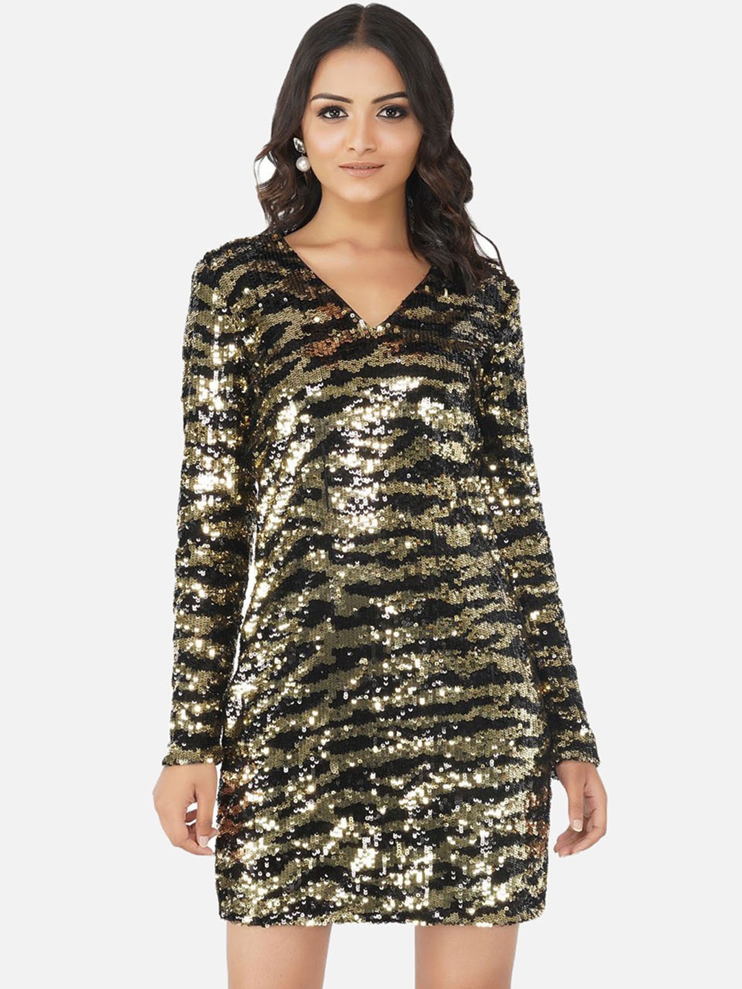 

ATTIC SALT Black & Gold-Toned Animal Sheath Mini Dress