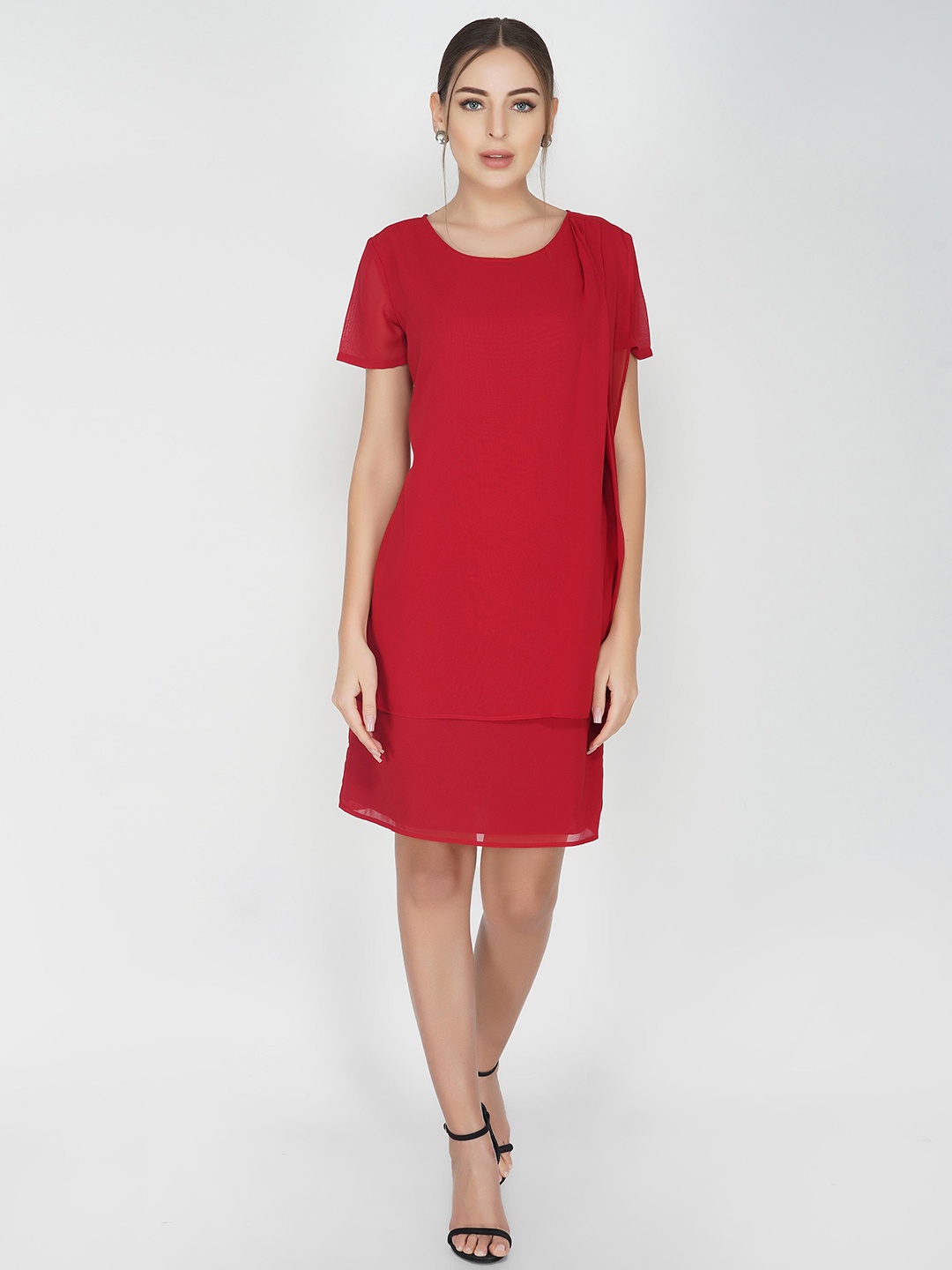 

ATTIC SALT Women Red Solid Layered Georgette A-Line Dress
