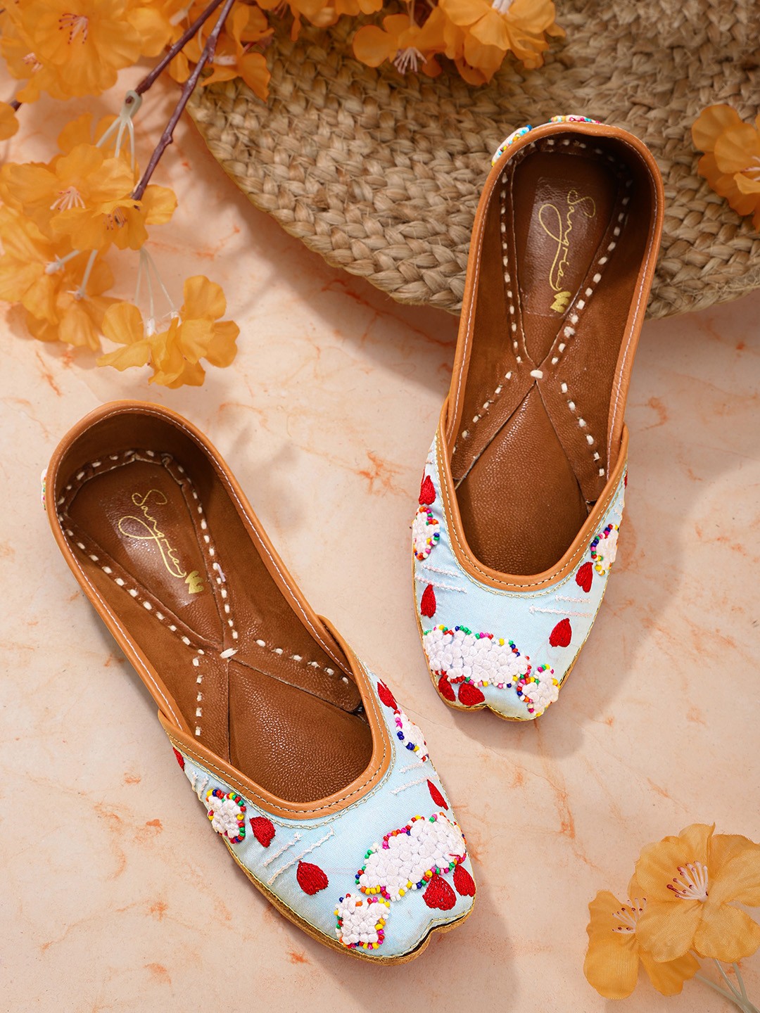 

Sangria Women Blue & Red Ethnic Embellished Handcrafted Mojaris